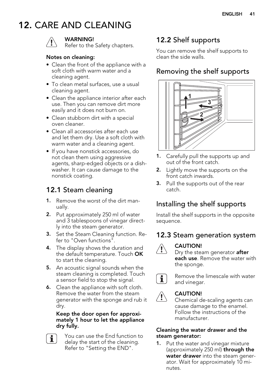 Care and cleaning, 1 steam cleaning, 2 shelf supports | Removing the shelf supports, Installing the shelf supports, 3 steam generation system | AEG BY9314001M User Manual | Page 41 / 52