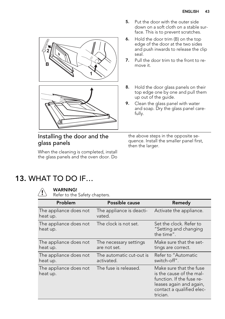 What to do if, Installing the door and the glass panels | AEG BY9314001M User Manual | Page 43 / 52