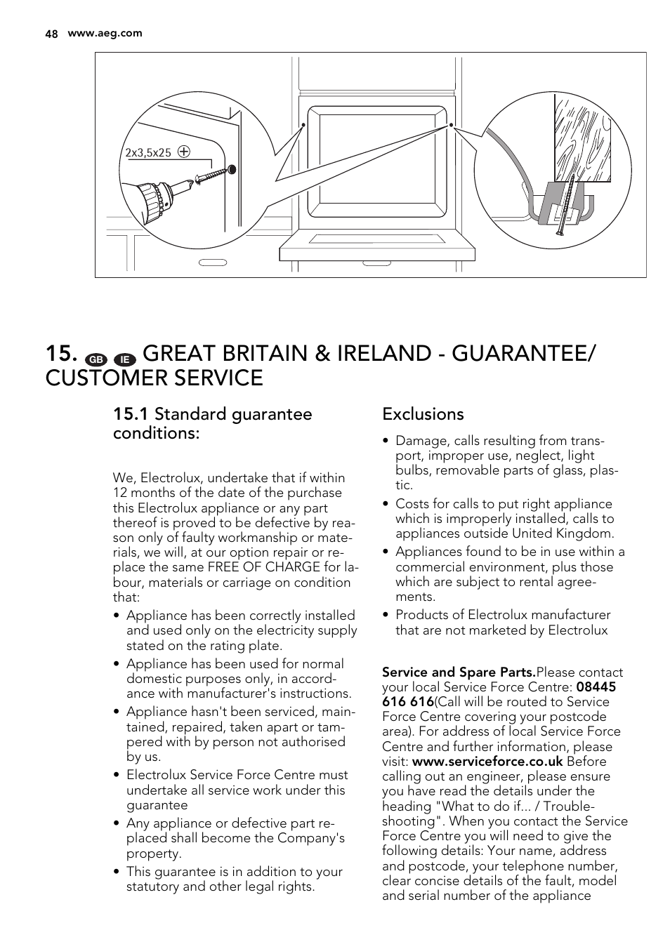 1 standard guarantee conditions, Exclusions | AEG BY9314001M User Manual | Page 48 / 52