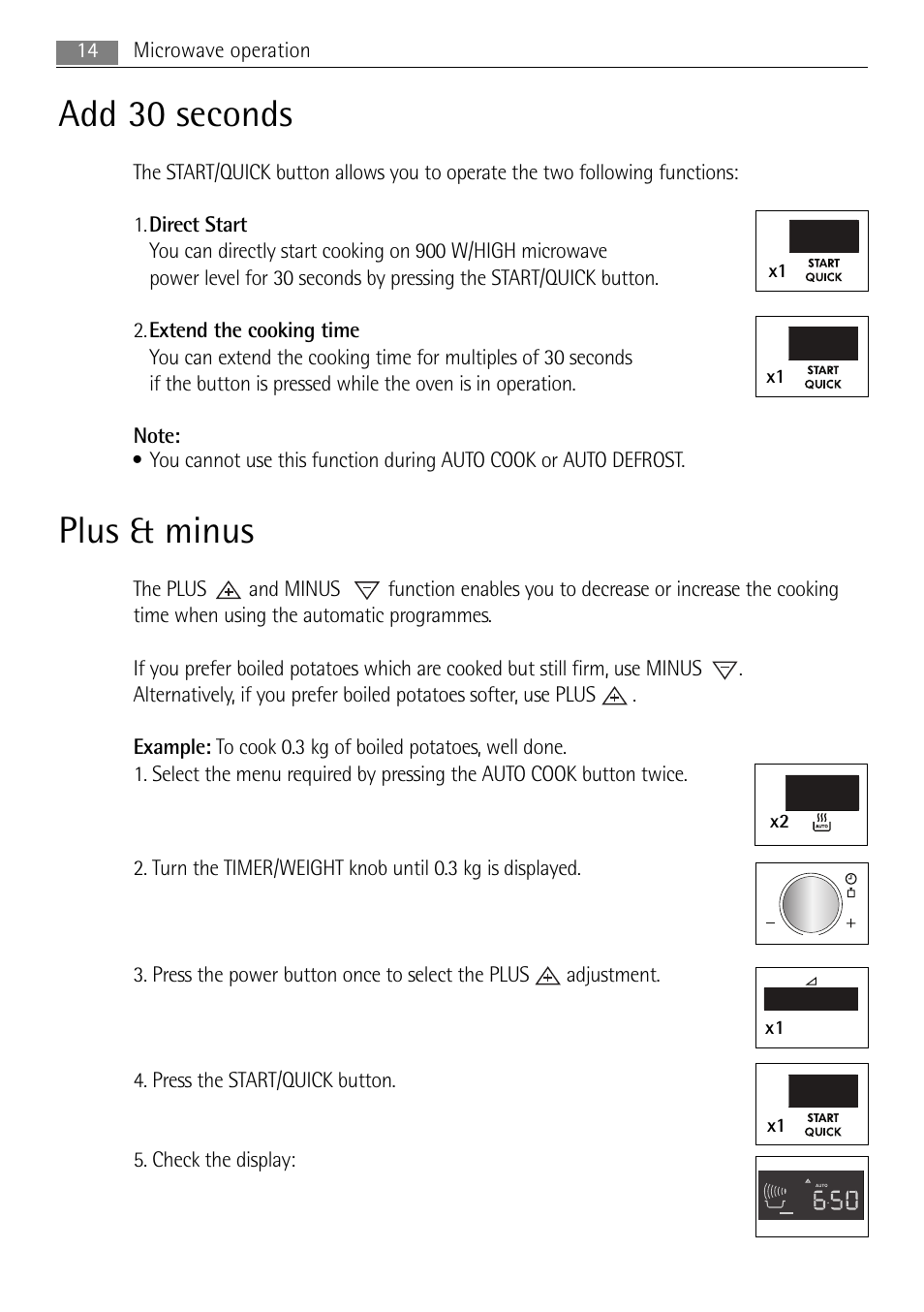 Add 30 seconds, Plus & minus, 14 microwave operation | AEG MCD3885E-M User Manual | Page 14 / 36