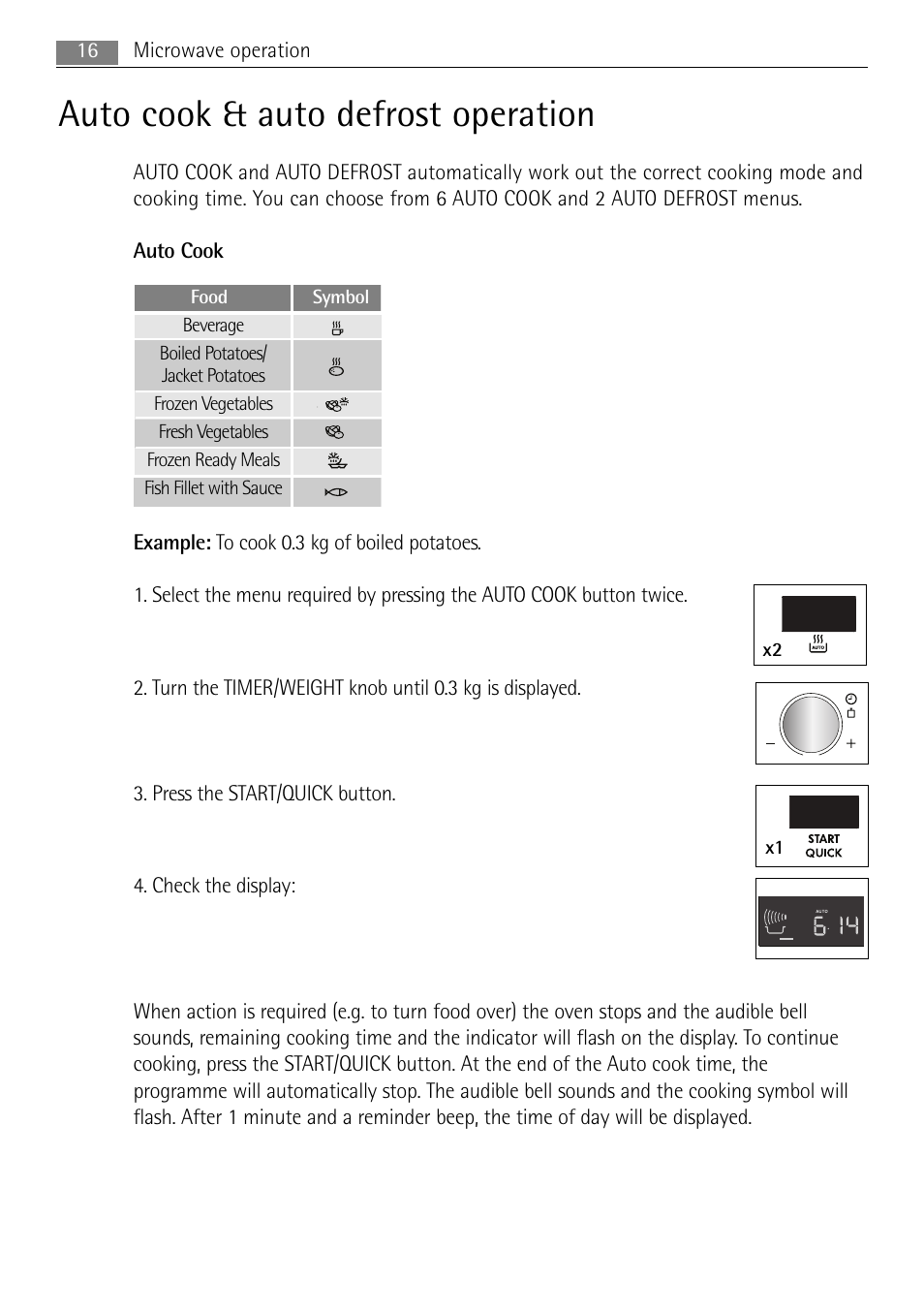 Auto cook & auto defrost operation, 16 microwave operation | AEG MCD3885E-M User Manual | Page 16 / 36