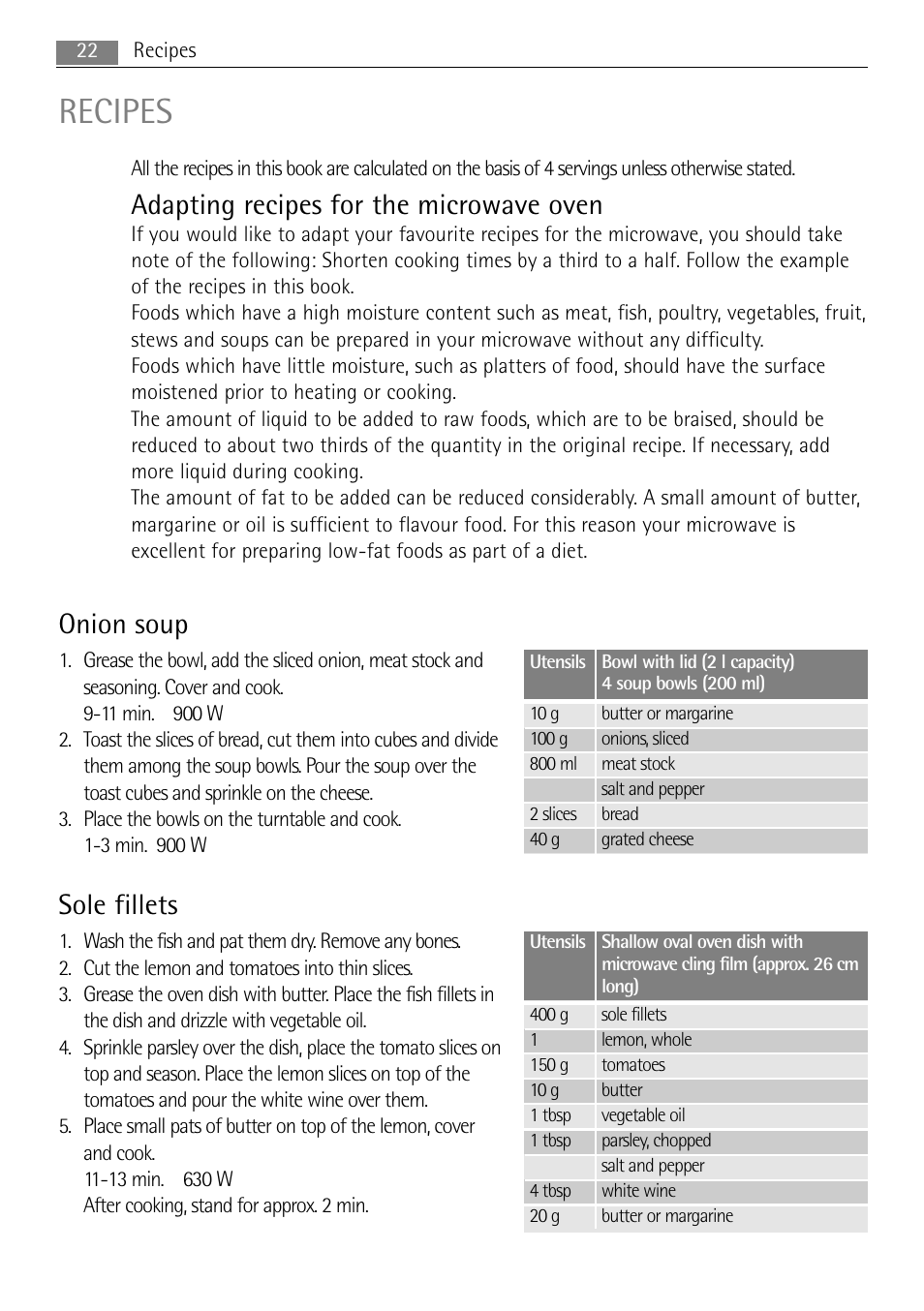 Recipes, Adapting recipes for the microwave oven, Onion soup | Sole fillets | AEG MCD3885E-M User Manual | Page 22 / 36