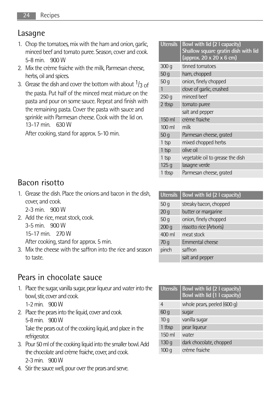 Lasagne, Bacon risotto, Pears in chocolate sauce | AEG MCD3885E-M User Manual | Page 24 / 36