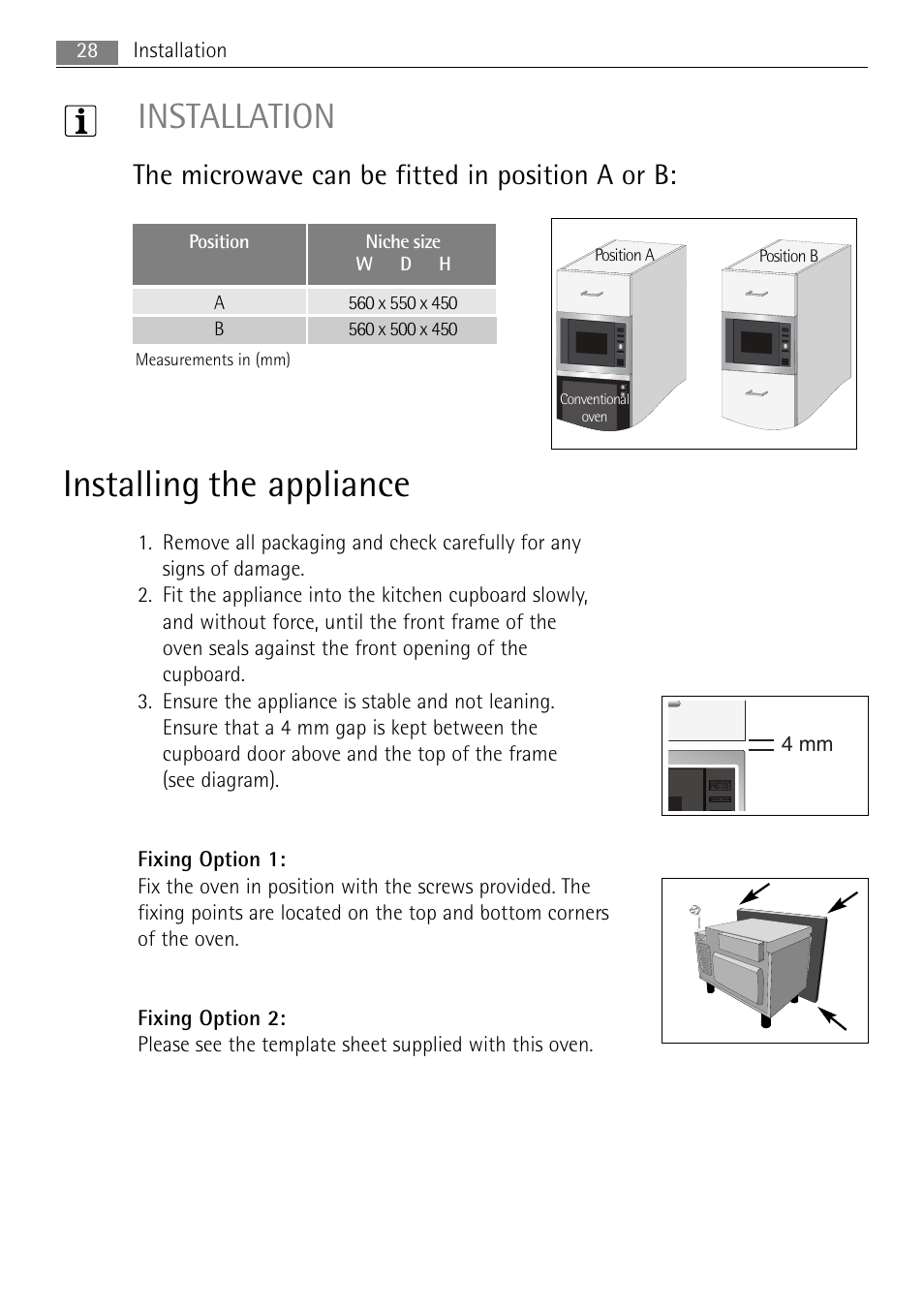 Installing the appliance, Installation, The microwave can be fitted in position a or b | AEG MCD3885E-M User Manual | Page 28 / 36
