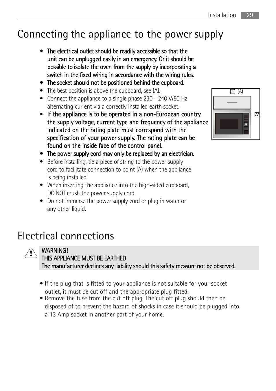 Connecting the appliance to the power supply, Electrical connections | AEG MCD3885E-M User Manual | Page 29 / 36