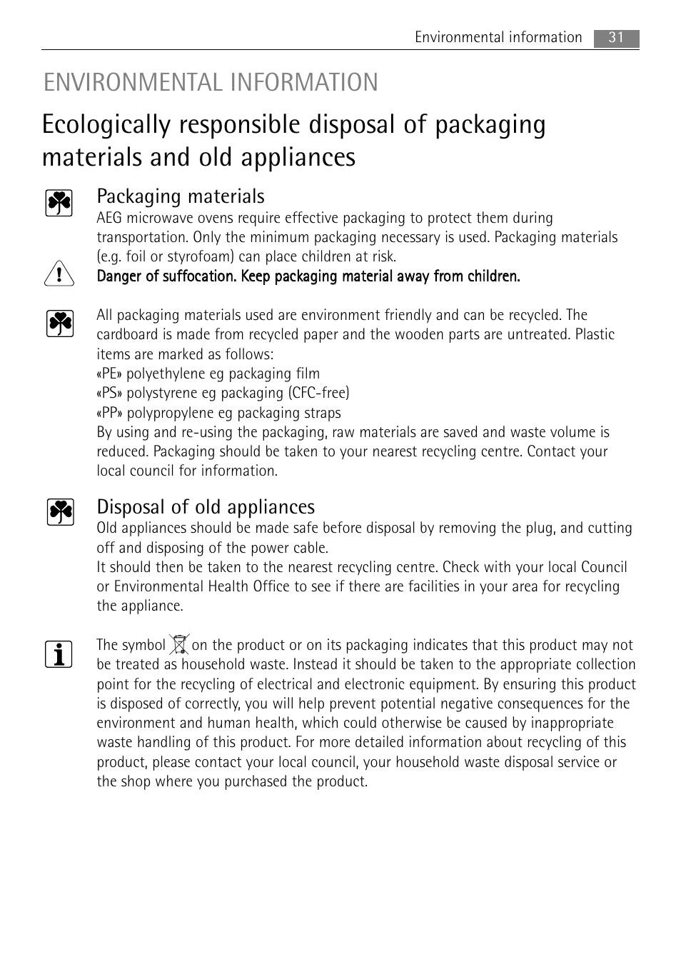 Environmental information, Packaging materials, Disposal of old appliances | AEG MCD3885E-M User Manual | Page 31 / 36