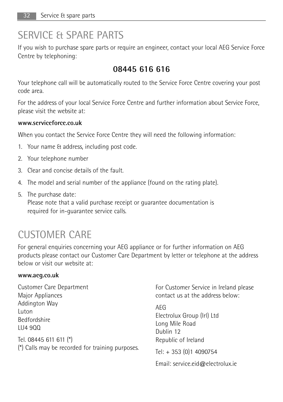 Service & spare parts, Customer care | AEG MCD3885E-M User Manual | Page 32 / 36