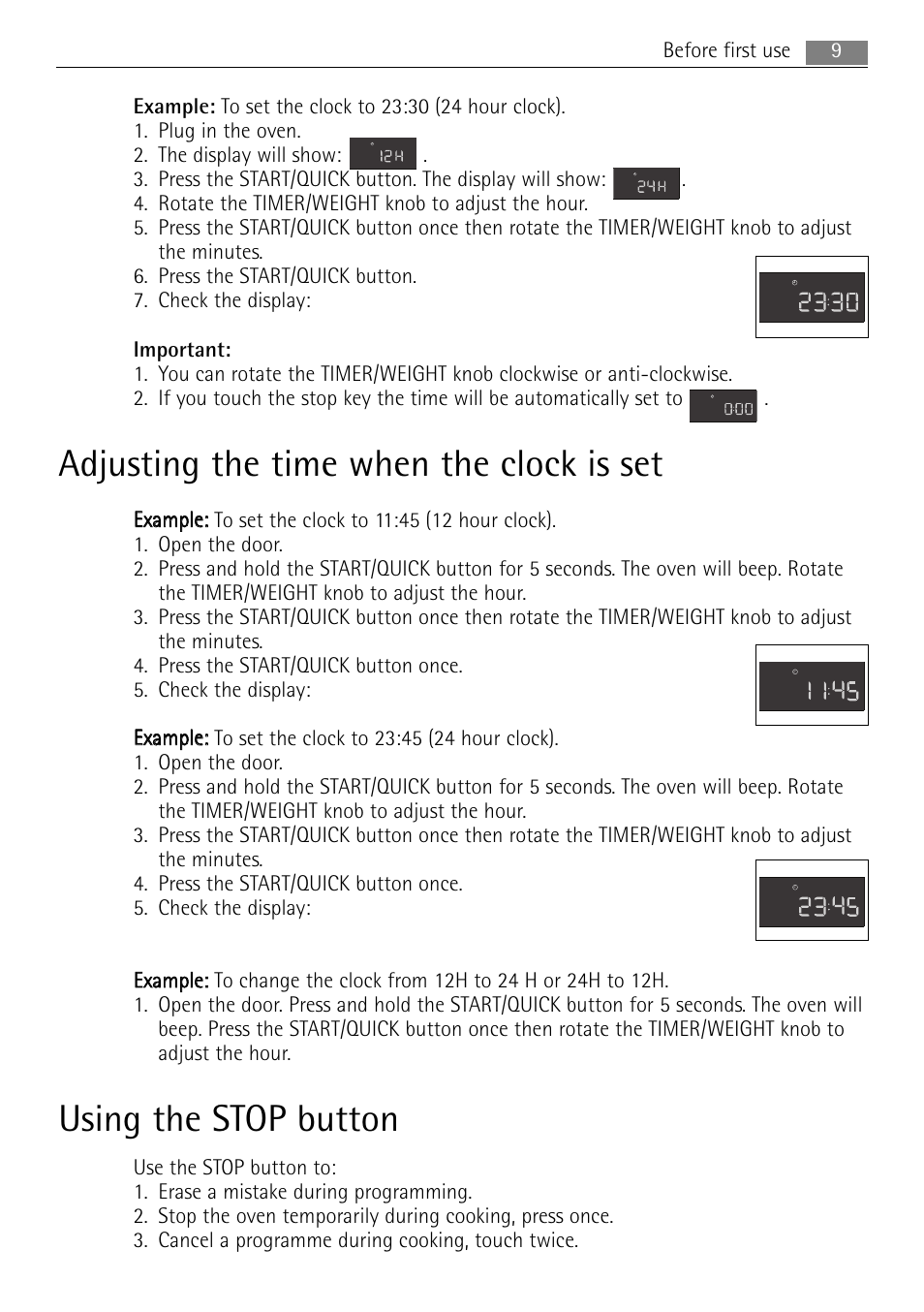 Adjusting the time when the clock is set, Using the stop button | AEG MCD3885E-M User Manual | Page 9 / 36