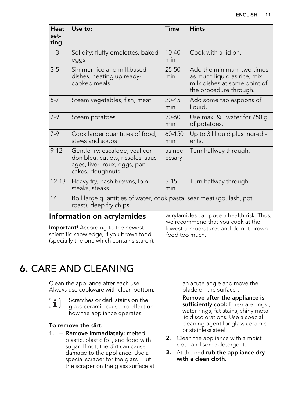 Care and cleaning, Information on acrylamides | AEG HK634030FB User Manual | Page 11 / 16