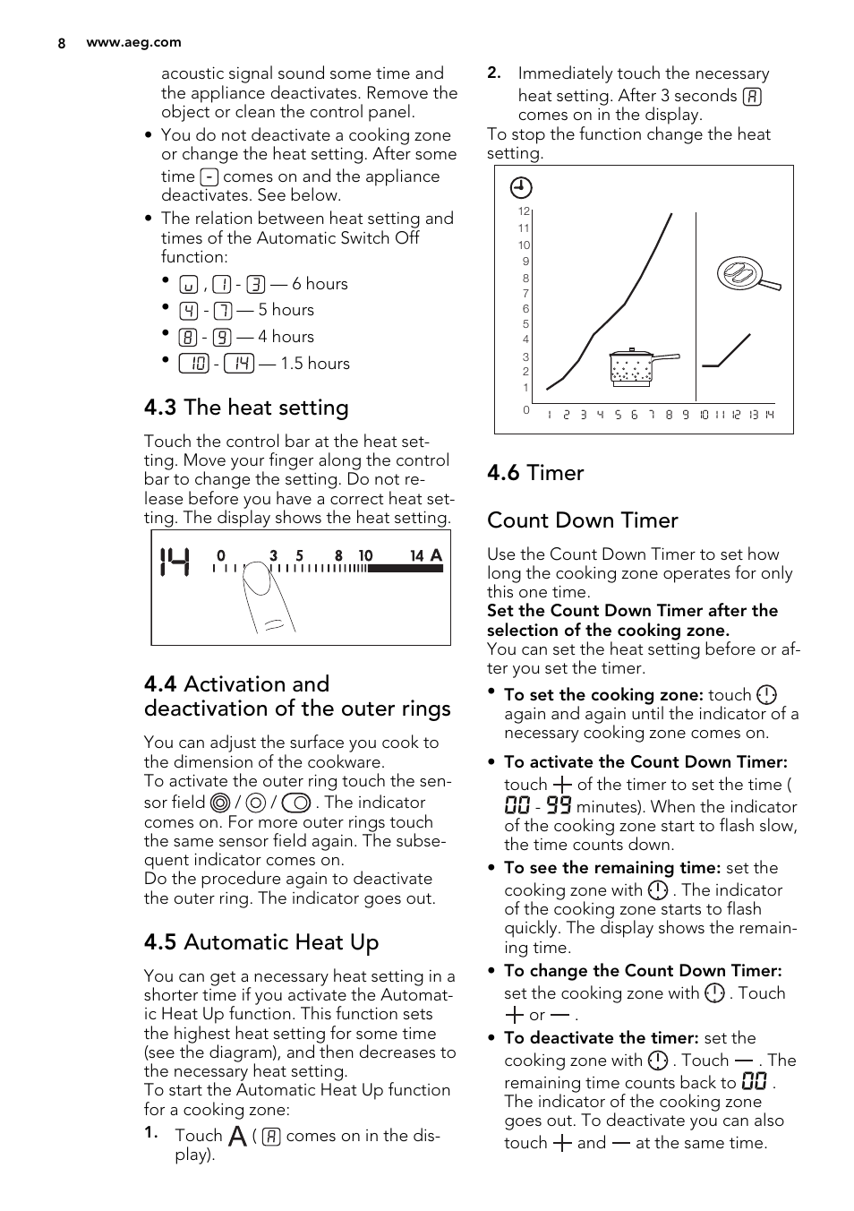 3 the heat setting, 4 activation and deactivation of the outer rings, 5 automatic heat up | 6 timer count down timer | AEG HK634030FB User Manual | Page 8 / 16