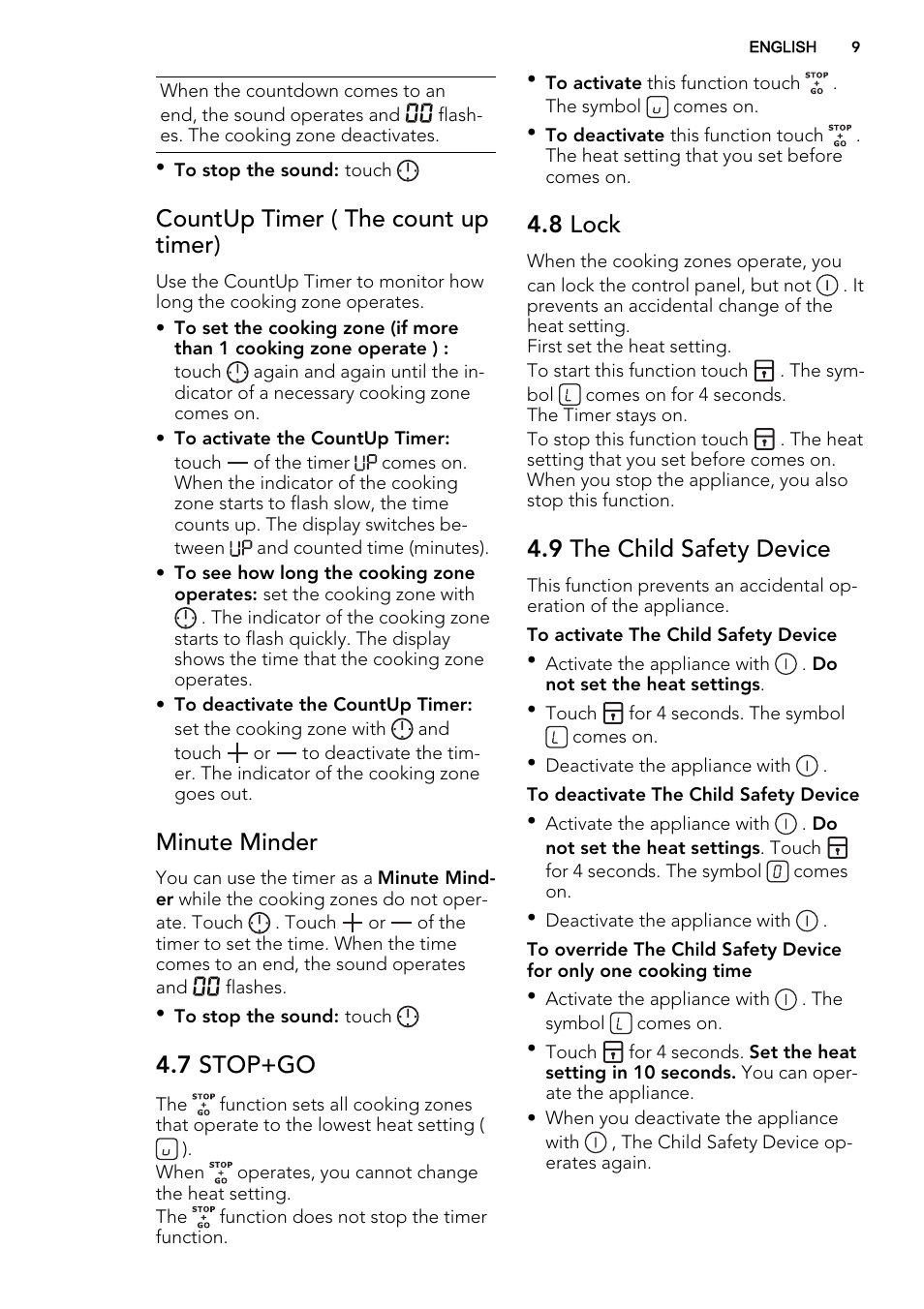 Countup timer ( the count up timer), Minute minder, 7 stop+go | 8 lock, 9 the child safety device | AEG HK634030FB User Manual | Page 9 / 16