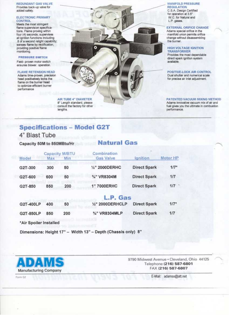Adams, Specifications, Model g2t | Natural gas, L.p. gas, 4” blast tube | Adams Speedflame Power Gas Burner User Manual | Page 2 / 2