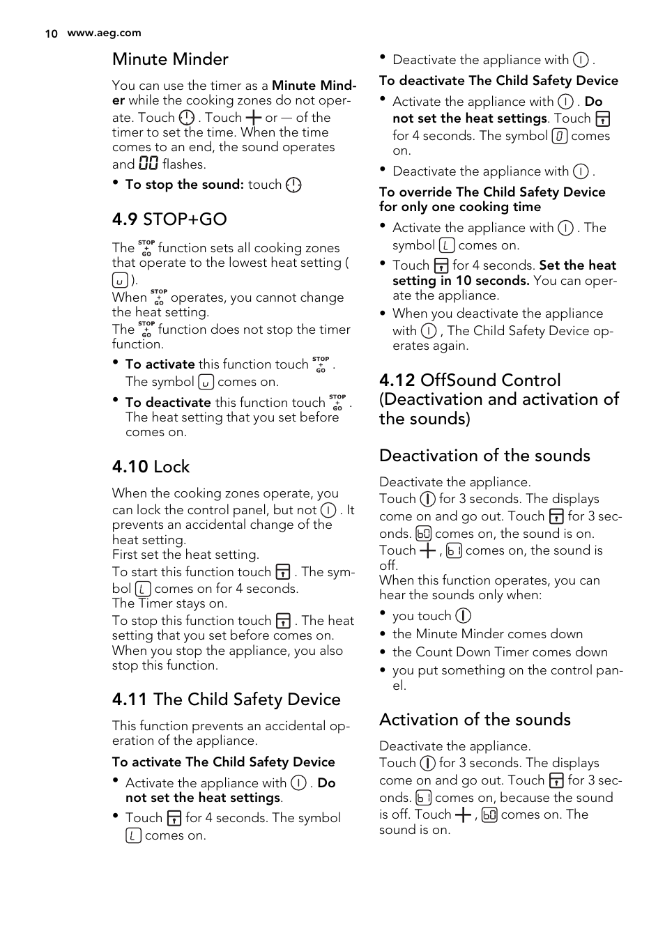 Minute minder, 9 stop+go, 10 lock | 11 the child safety device, Activation of the sounds | AEG HK884400XG User Manual | Page 10 / 24