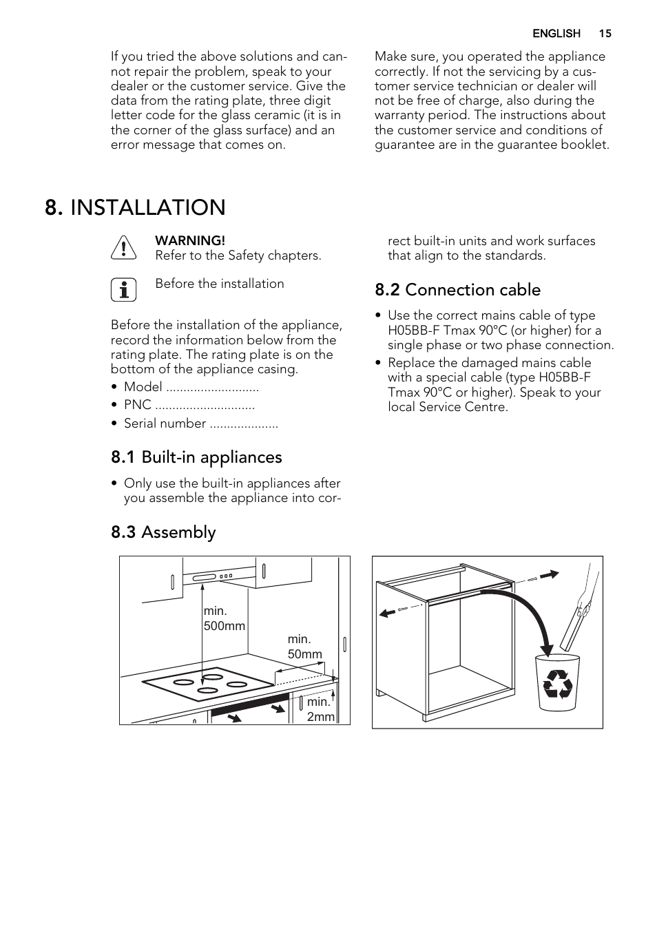 Installation, 1 built-in appliances, 2 connection cable | 3 assembly | AEG HK884400XG User Manual | Page 15 / 24