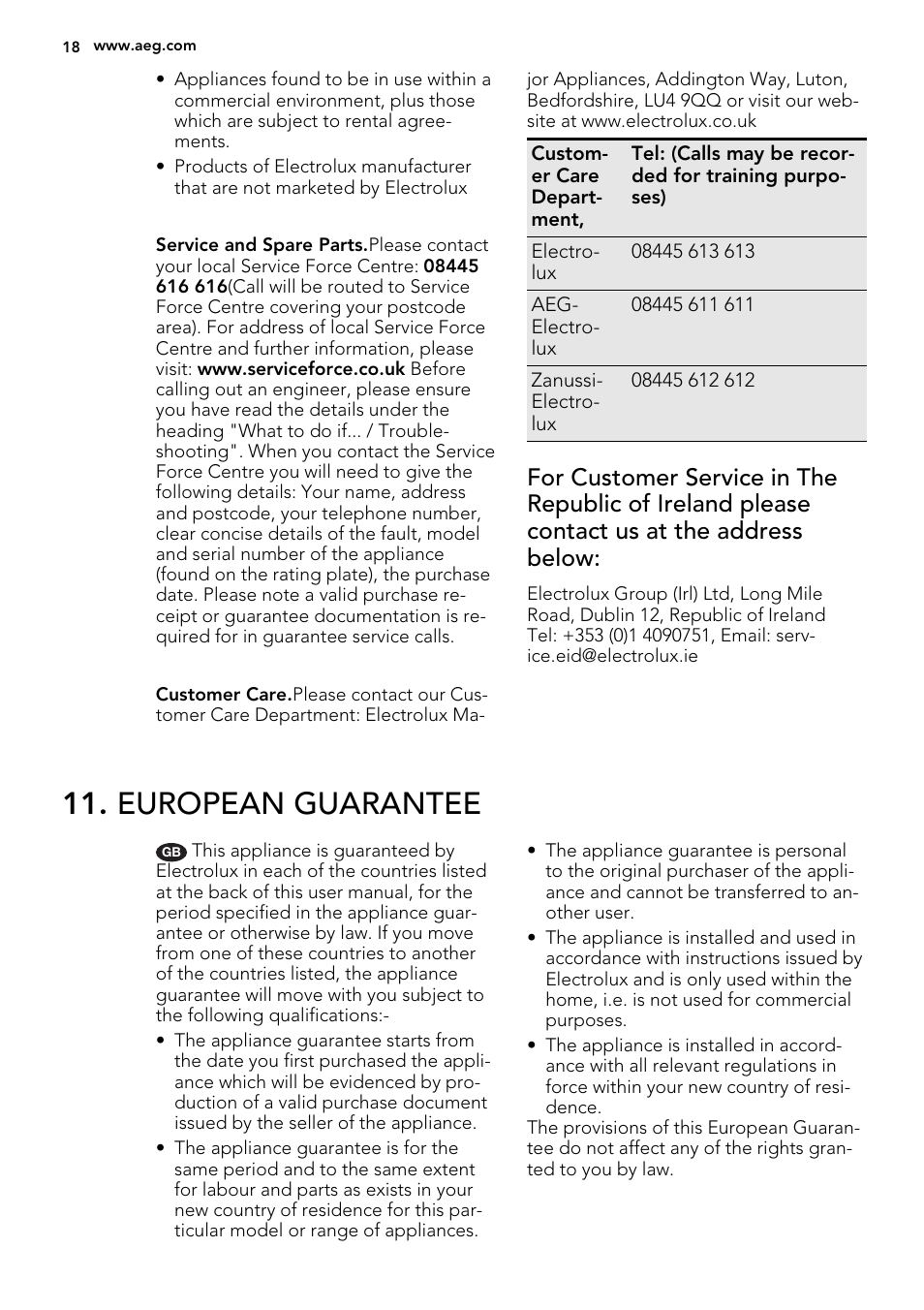 European guarantee | AEG HK884400XG User Manual | Page 18 / 24