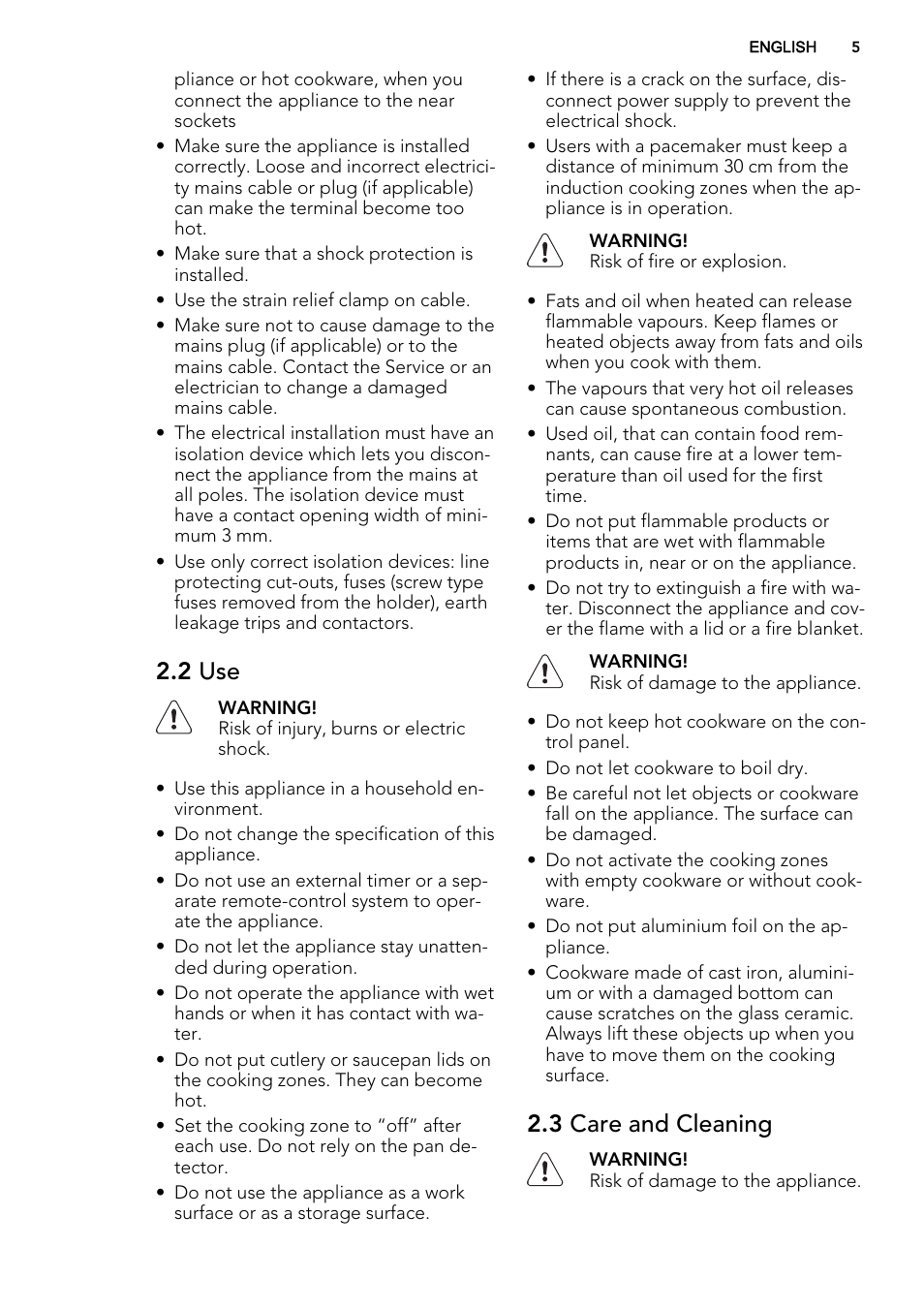 2 use, 3 care and cleaning | AEG HK884400XG User Manual | Page 5 / 24