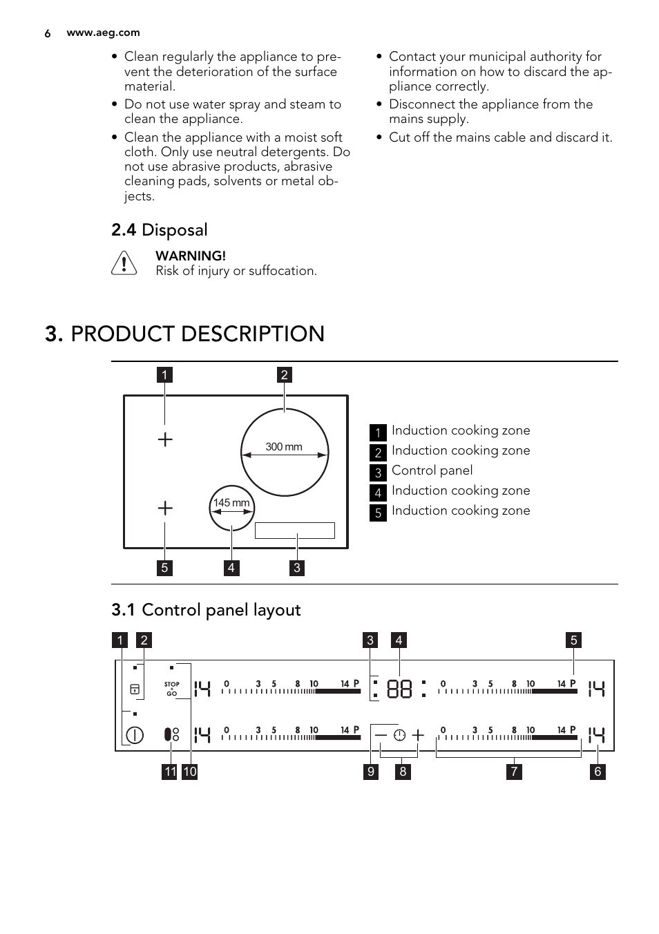 Product description, 4 disposal, 1 control panel layout | AEG HK884400XG User Manual | Page 6 / 24