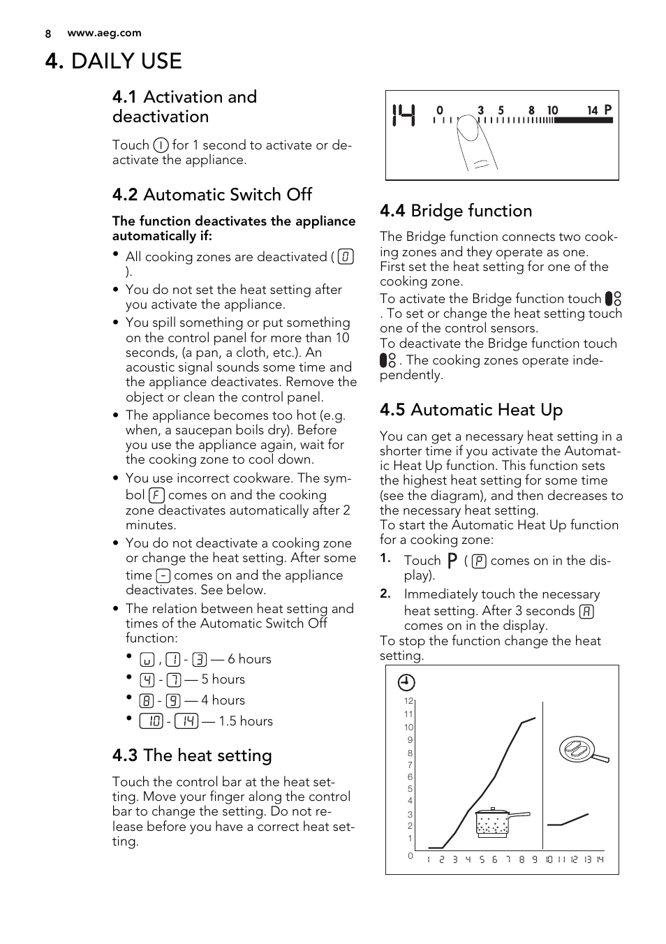 Daily use, 1 activation and deactivation, 2 automatic switch off | 3 the heat setting, 4 bridge function, 5 automatic heat up | AEG HK884400XG User Manual | Page 8 / 24