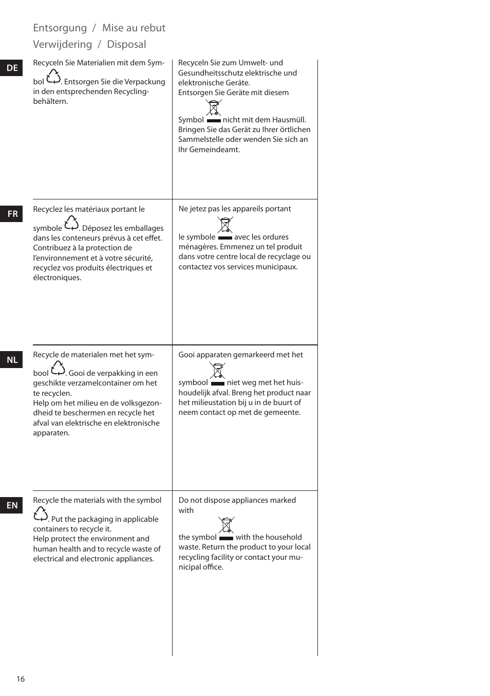 Disposal mise au rebut entsorgung, Verwijdering | AEG LM5100-U User Manual | Page 16 / 24