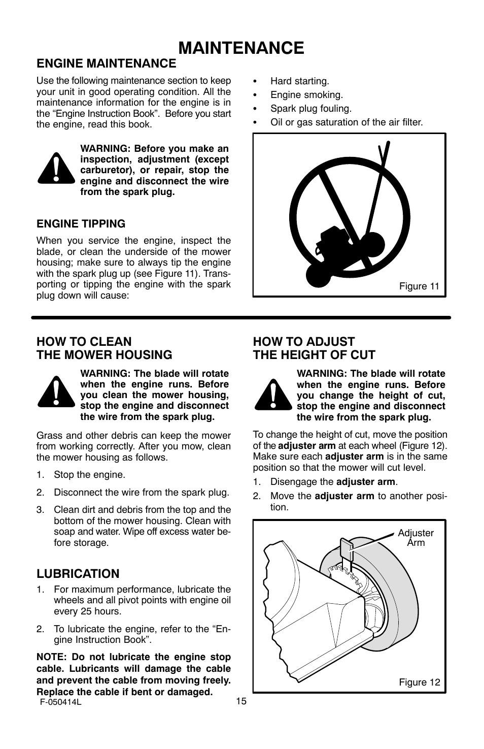Maintenance, Engine maintenance, How to clean the mower housing | Lubrication, How to adjust the height of cut | Adams 22 User Manual | Page 15 / 28