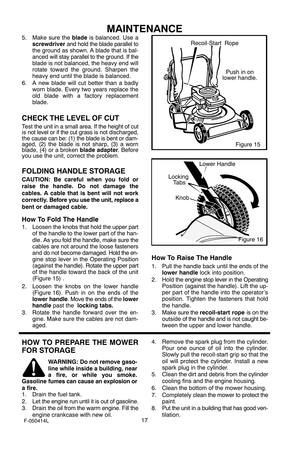 Maintenance, Check the level of cut, Folding handle storage | How to prepare the mower for storage | Adams 22 User Manual | Page 17 / 28
