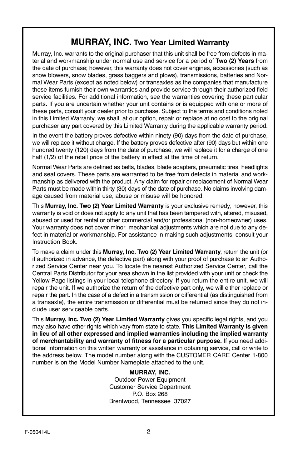 Murray, inc, Two year limited warranty | Adams 22 User Manual | Page 2 / 28