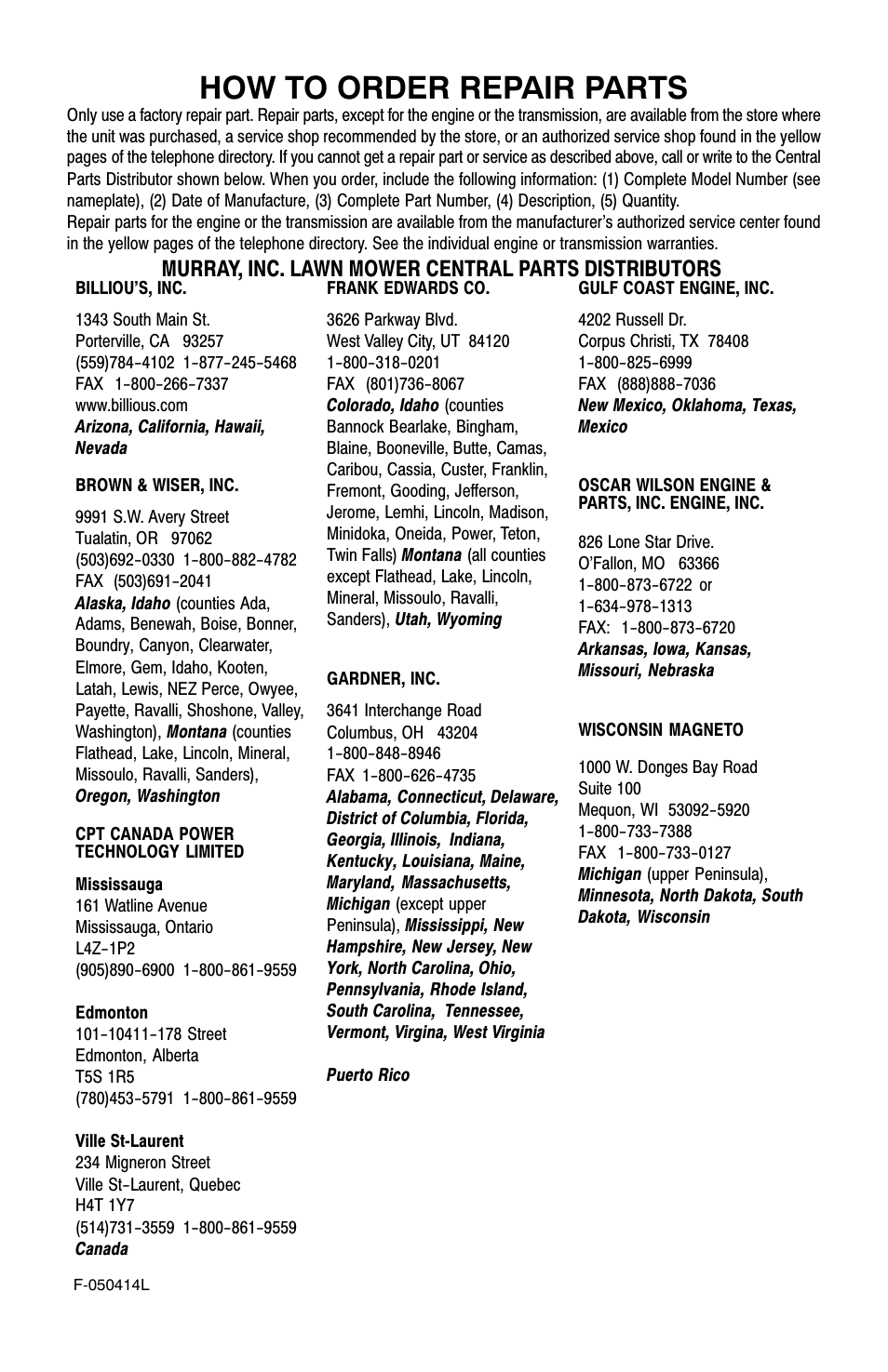 How to order repair parts, Murray, inc. lawn mower central parts distributors | Adams 22 User Manual | Page 28 / 28