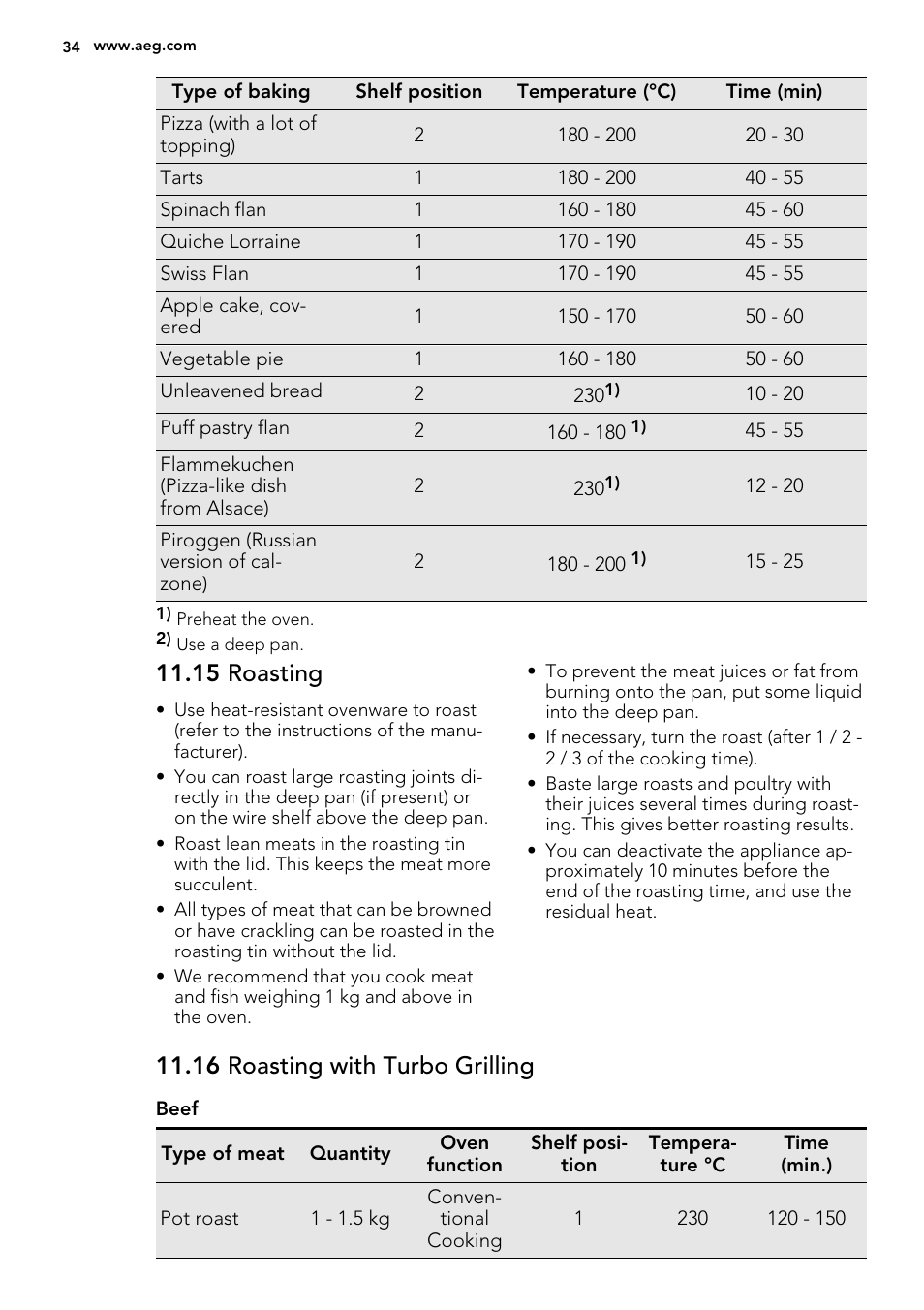 15 roasting, 16 roasting with turbo grilling | AEG BS7304021M User Manual | Page 34 / 52