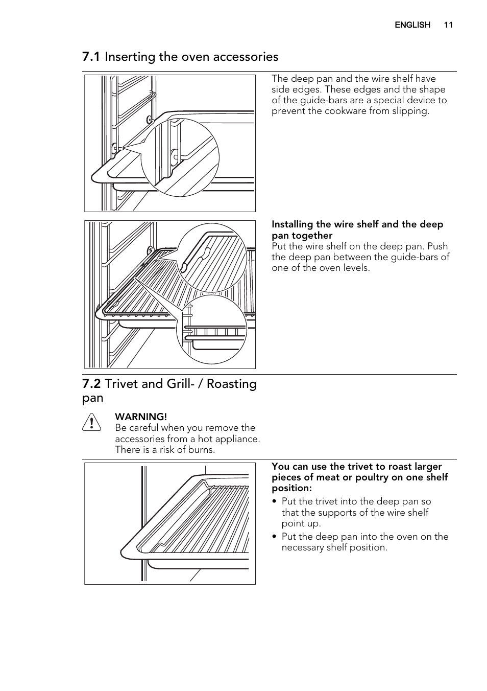 1 inserting the oven accessories, 2 trivet and grill- / roasting pan | AEG BP3003021M User Manual | Page 11 / 36