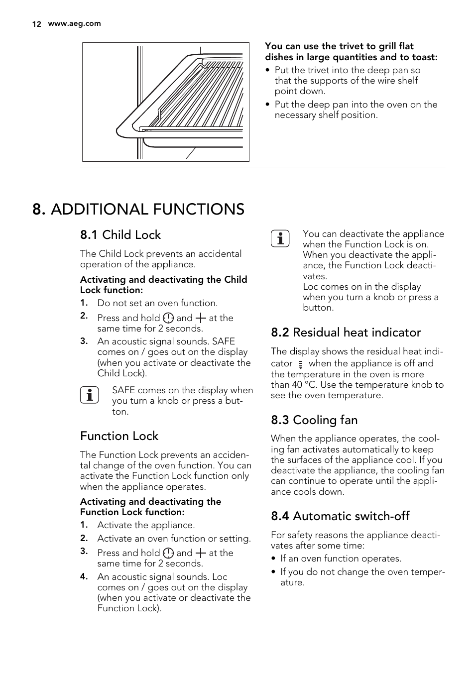 Additional functions, 1 child lock, Function lock | 2 residual heat indicator, 3 cooling fan, 4 automatic switch-off | AEG BP3003021M User Manual | Page 12 / 36