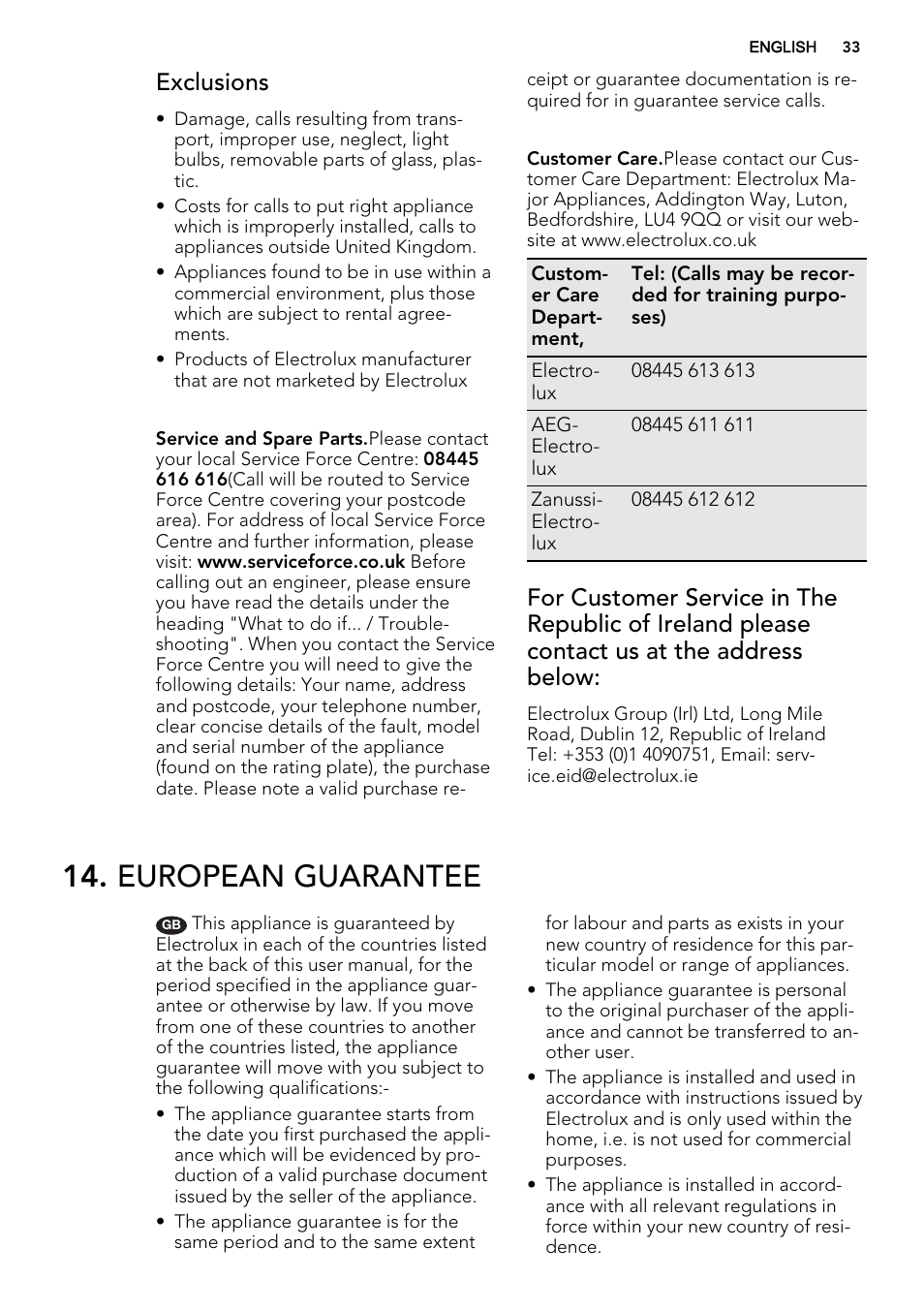 European guarantee, Exclusions | AEG BP3003021M User Manual | Page 33 / 36