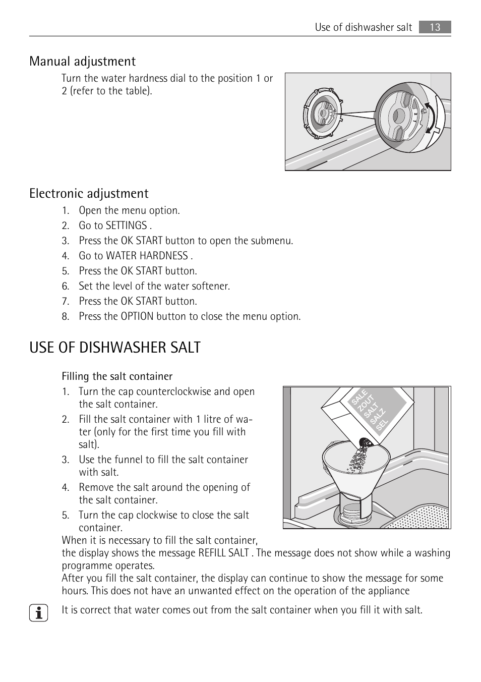 Use of dishwasher salt, Manual adjustment, Electronic adjustment | AEG F65040IM0P User Manual | Page 13 / 28