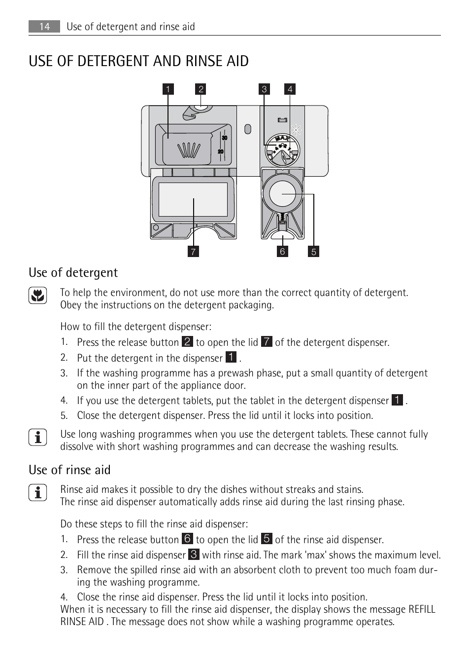 Use of detergent and rinse aid, Use of detergent, Use of rinse aid | AEG F65040IM0P User Manual | Page 14 / 28