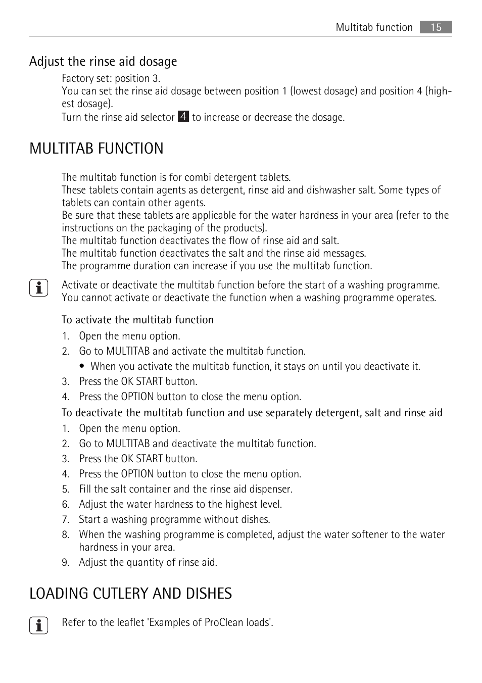 Multitab function, Loading cutlery and dishes, Adjust the rinse aid dosage | AEG F65040IM0P User Manual | Page 15 / 28