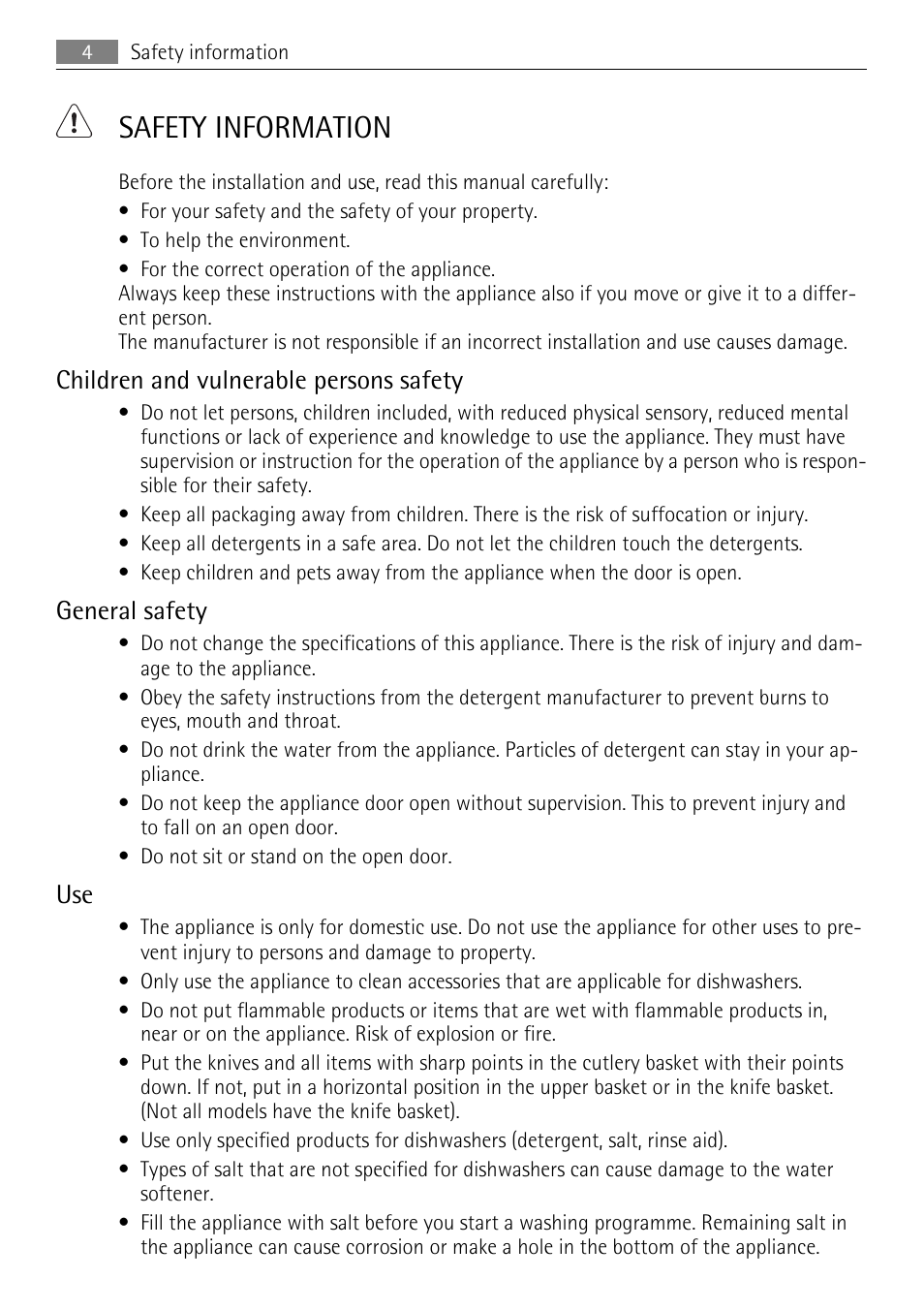 Safety information, Children and vulnerable persons safety, General safety | AEG F65040IM0P User Manual | Page 4 / 28