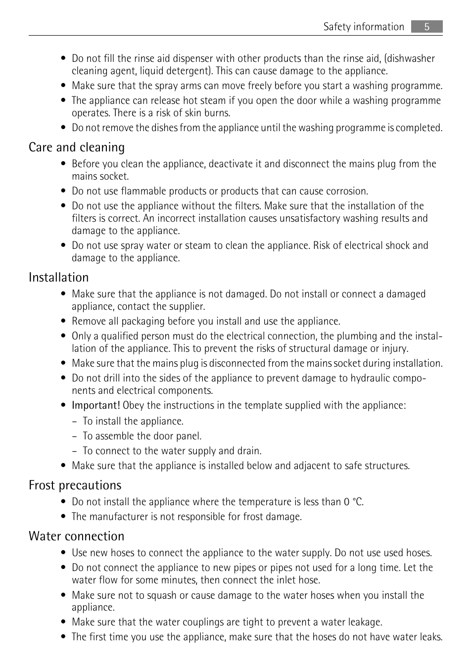 Care and cleaning, Installation, Frost precautions | Water connection | AEG F65040IM0P User Manual | Page 5 / 28
