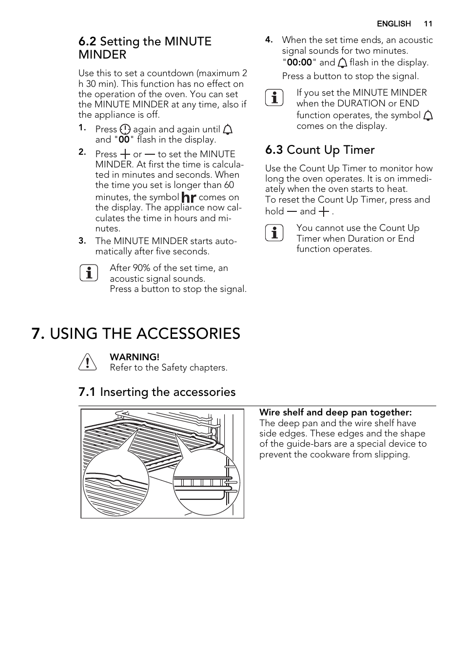 Using the accessories, 2 setting the minute minder, 3 count up timer | 1 inserting the accessories | AEG BE5304001B User Manual | Page 11 / 40