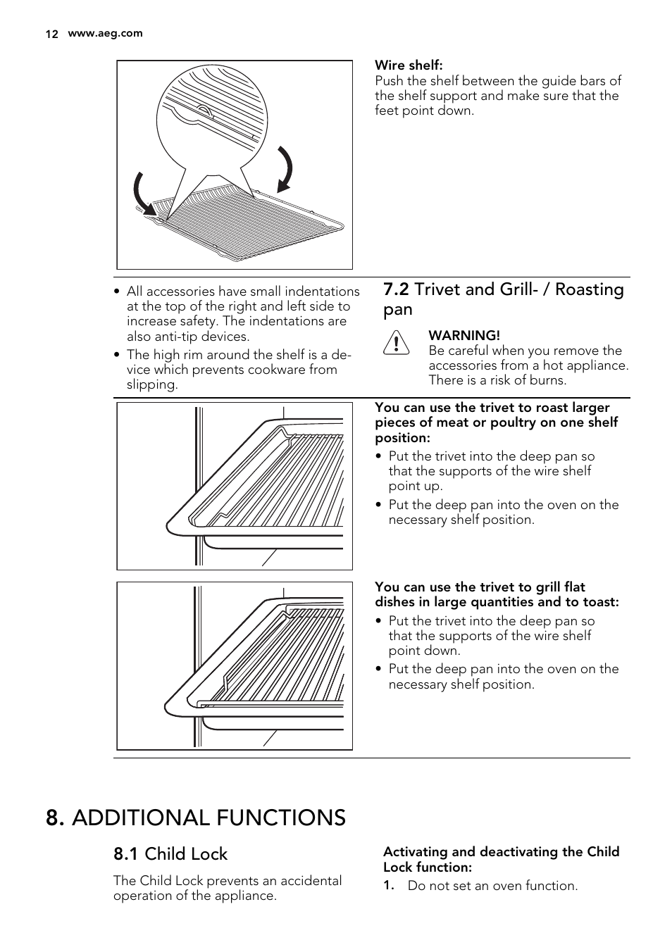 Additional functions, 2 trivet and grill- / roasting pan, 1 child lock | AEG BE5304001B User Manual | Page 12 / 40