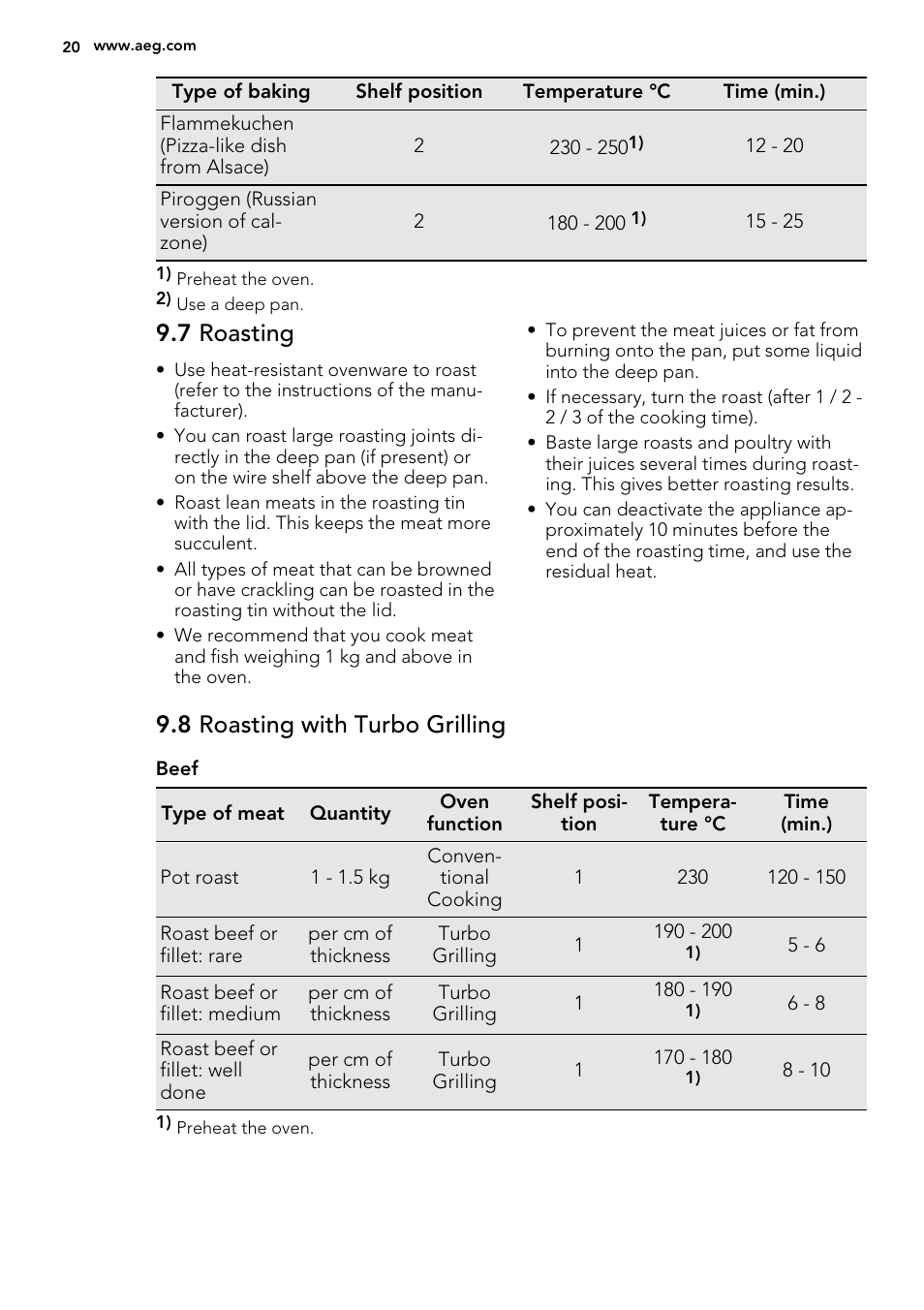 7 roasting, 8 roasting with turbo grilling | AEG BE5304001B User Manual | Page 20 / 40