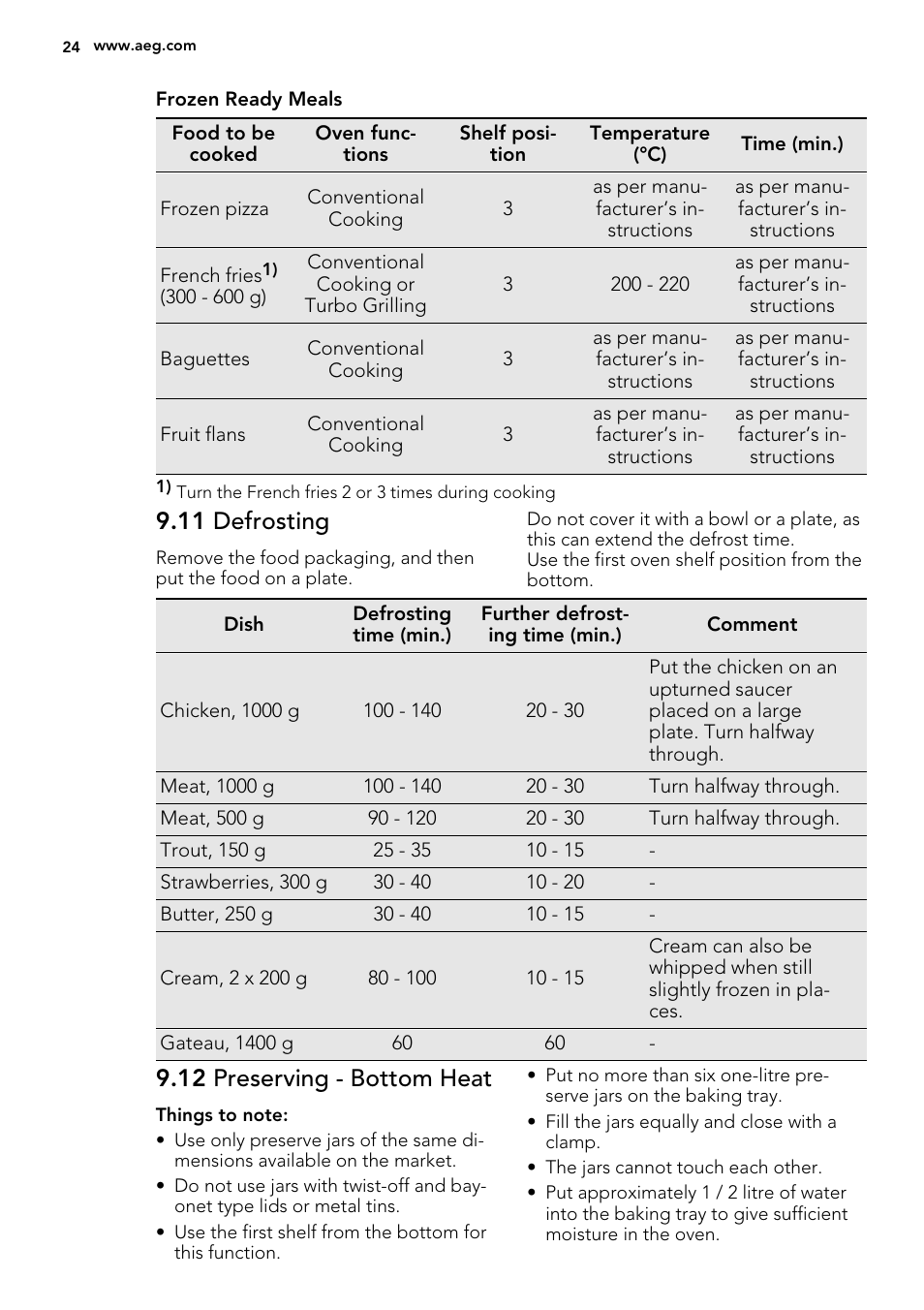 11 defrosting, 12 preserving - bottom heat | AEG BE5304001B User Manual | Page 24 / 40