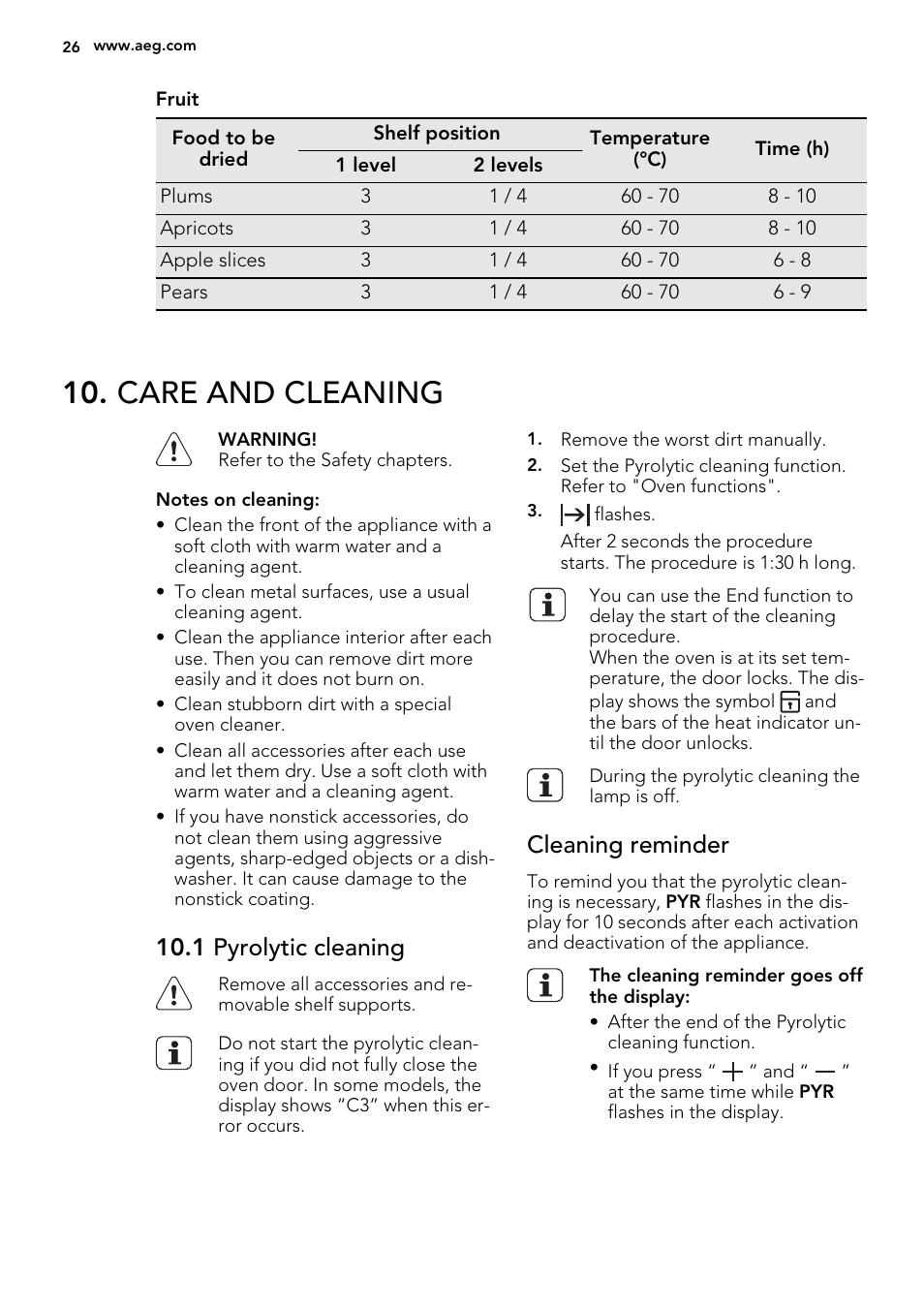 Care and cleaning, 1 pyrolytic cleaning, Cleaning reminder | AEG BE5304001B User Manual | Page 26 / 40