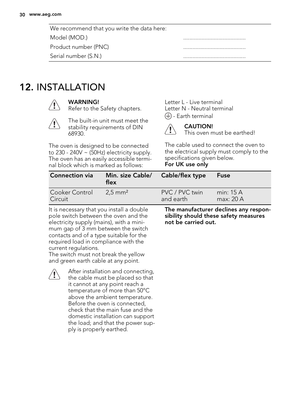 Installation | AEG BE5304001B User Manual | Page 30 / 40