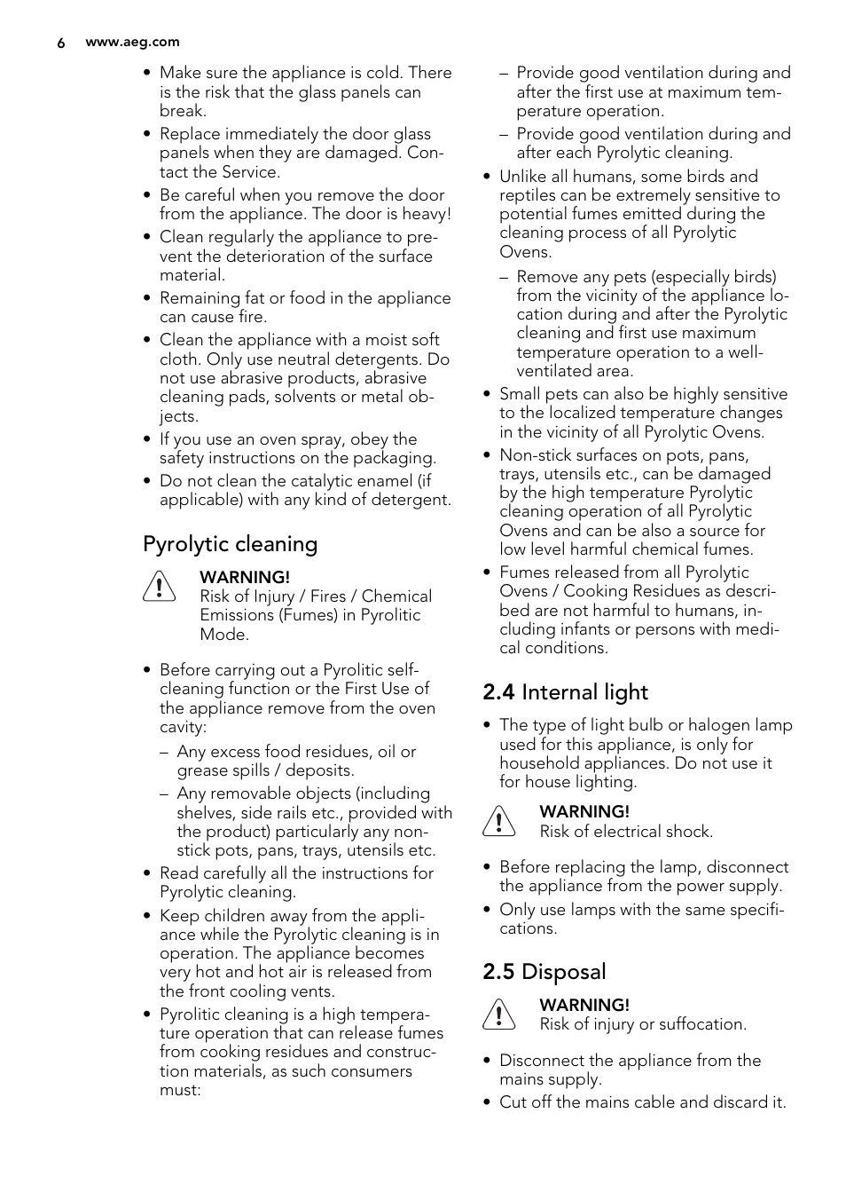 Pyrolytic cleaning, 4 internal light, 5 disposal | AEG BE5304001B User Manual | Page 6 / 40