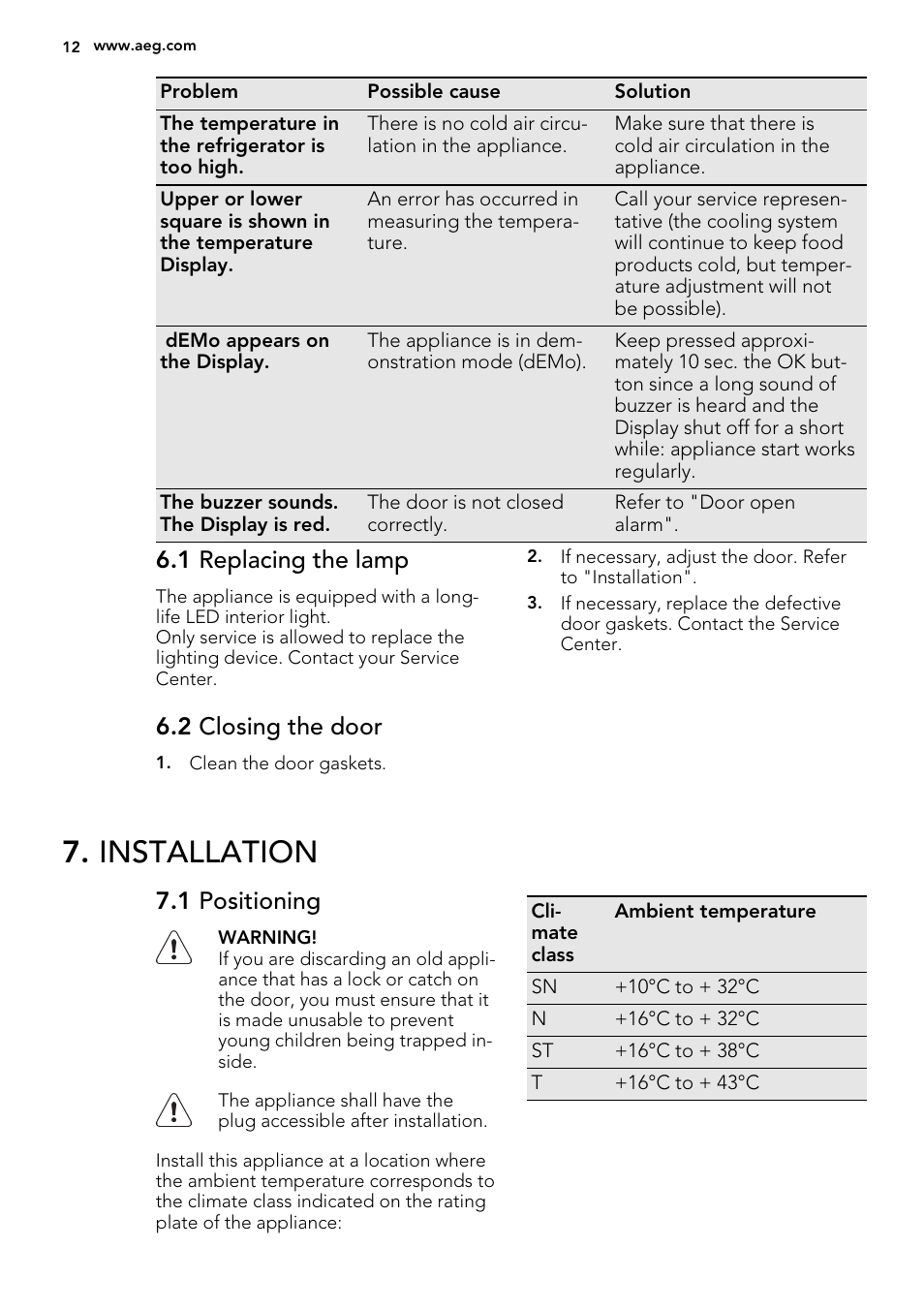 Installation, 1 replacing the lamp, 2 closing the door | 1 positioning | AEG SKS78800F0 User Manual | Page 12 / 16
