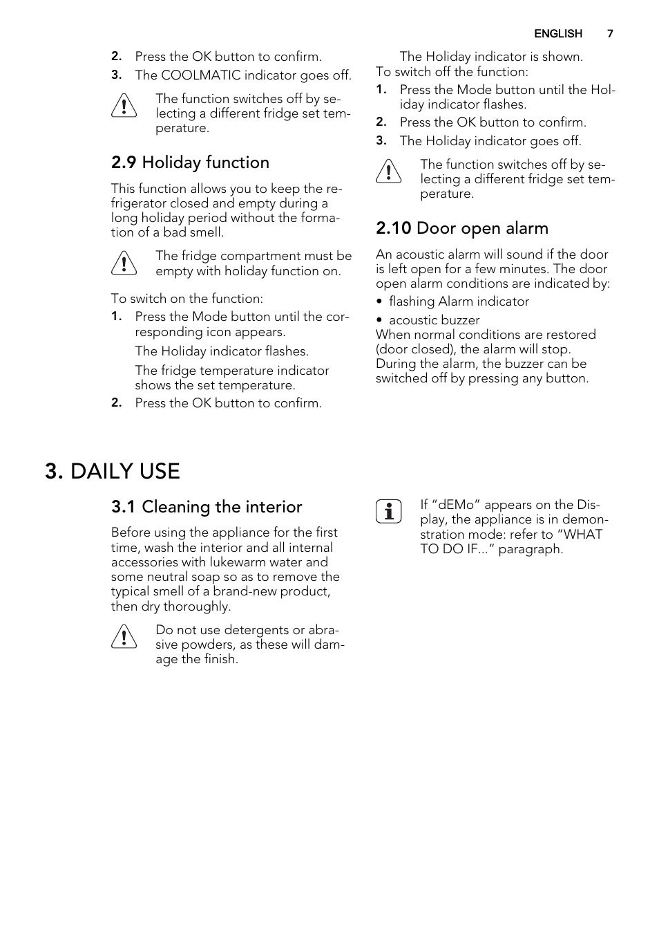 Daily use, 9 holiday function, 10 door open alarm | 1 cleaning the interior | AEG SKS78800F0 User Manual | Page 7 / 16