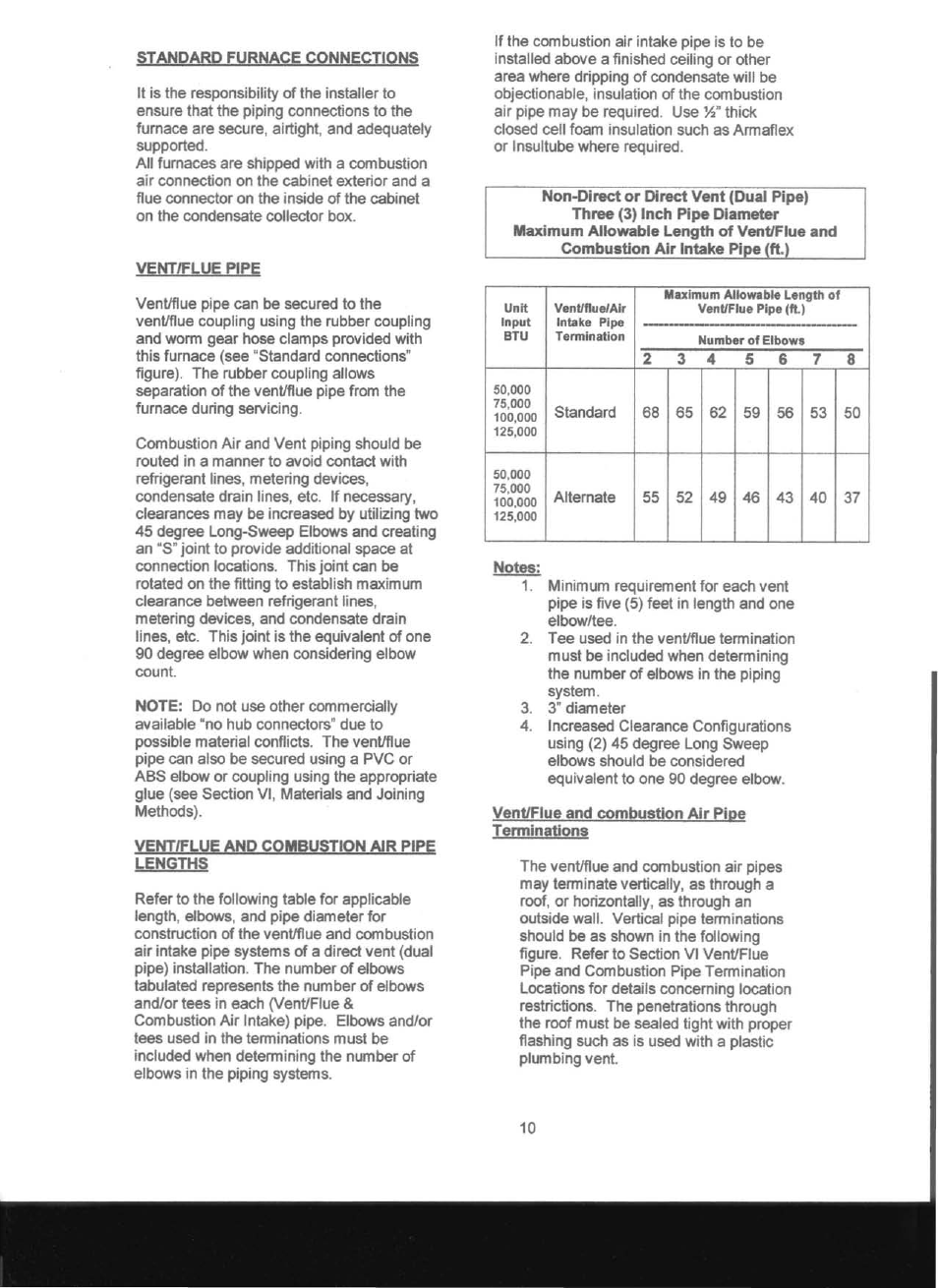 Standard furnace connections, Vent/flue pipe, Nt/flue and combustion air pipe lengths | Vent/fiue atkl combustion air pit>e terminations | Adams Condensing Oil-Fired Furnace User Manual | Page 11 / 25