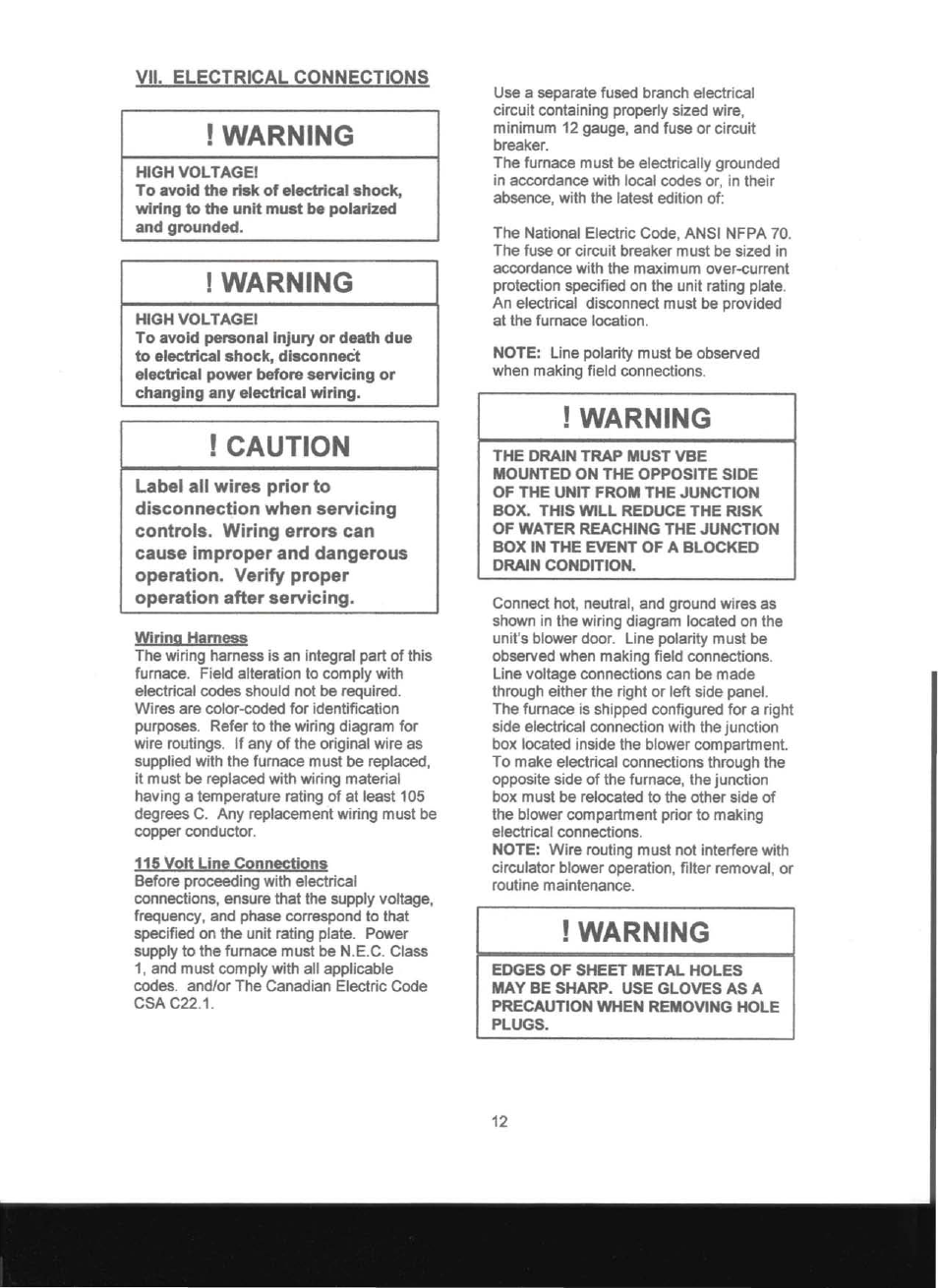 Warning, High voltagei, Caution | Adams Condensing Oil-Fired Furnace User Manual | Page 13 / 25