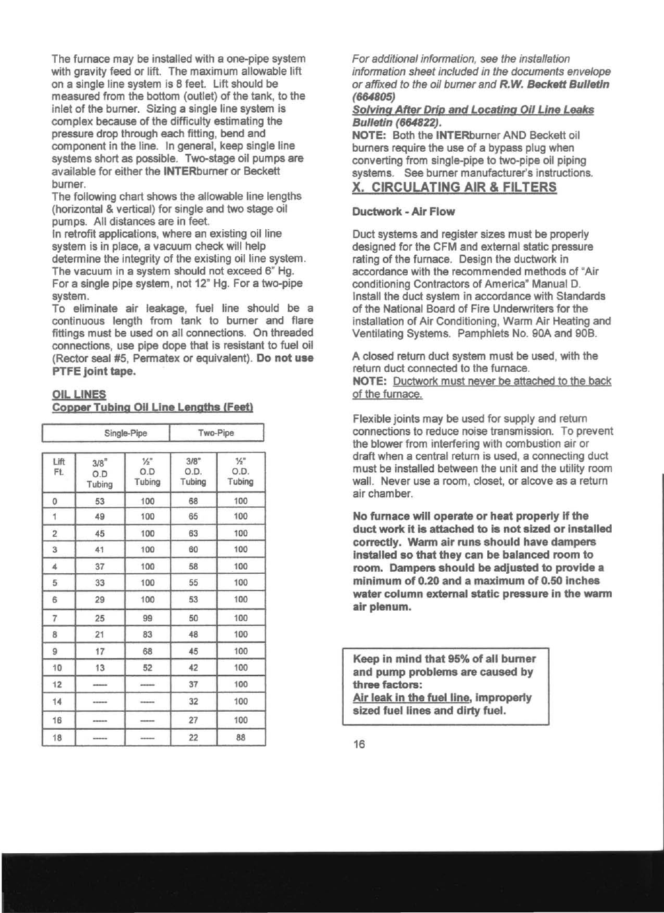 Oil lines, Ductwork - air flow, X. circulating air & filters | Adams Condensing Oil-Fired Furnace User Manual | Page 17 / 25