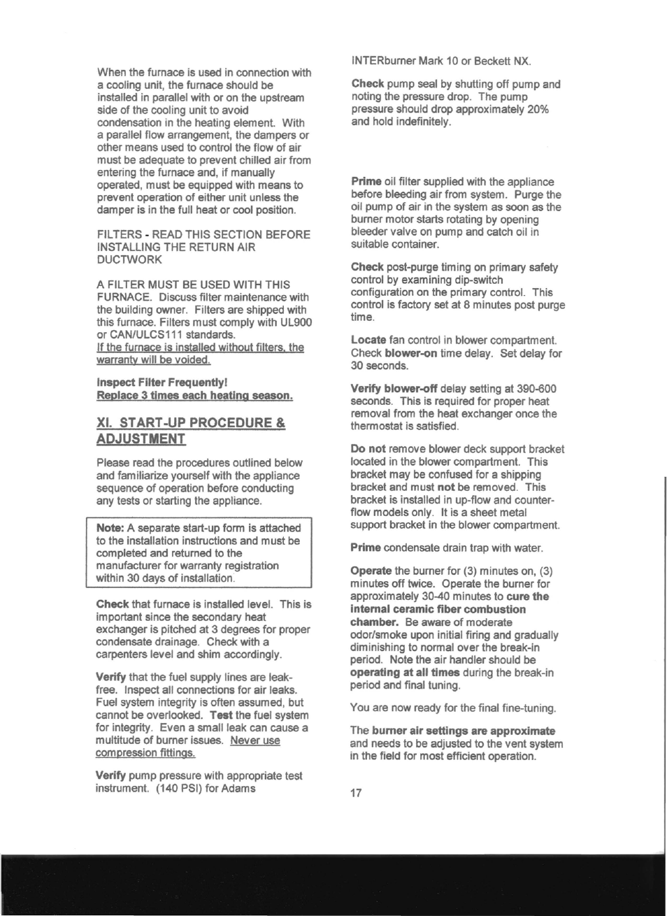 Inspect fitter frequently, Xi. start-up procedure & adjustment | Adams Condensing Oil-Fired Furnace User Manual | Page 18 / 25