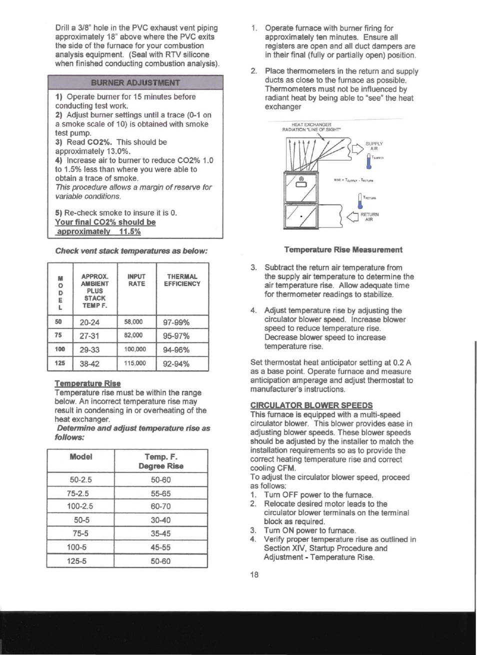Burner, Temperature rise, Temperature rise measurement | Circulator blower speeds | Adams Condensing Oil-Fired Furnace User Manual | Page 19 / 25